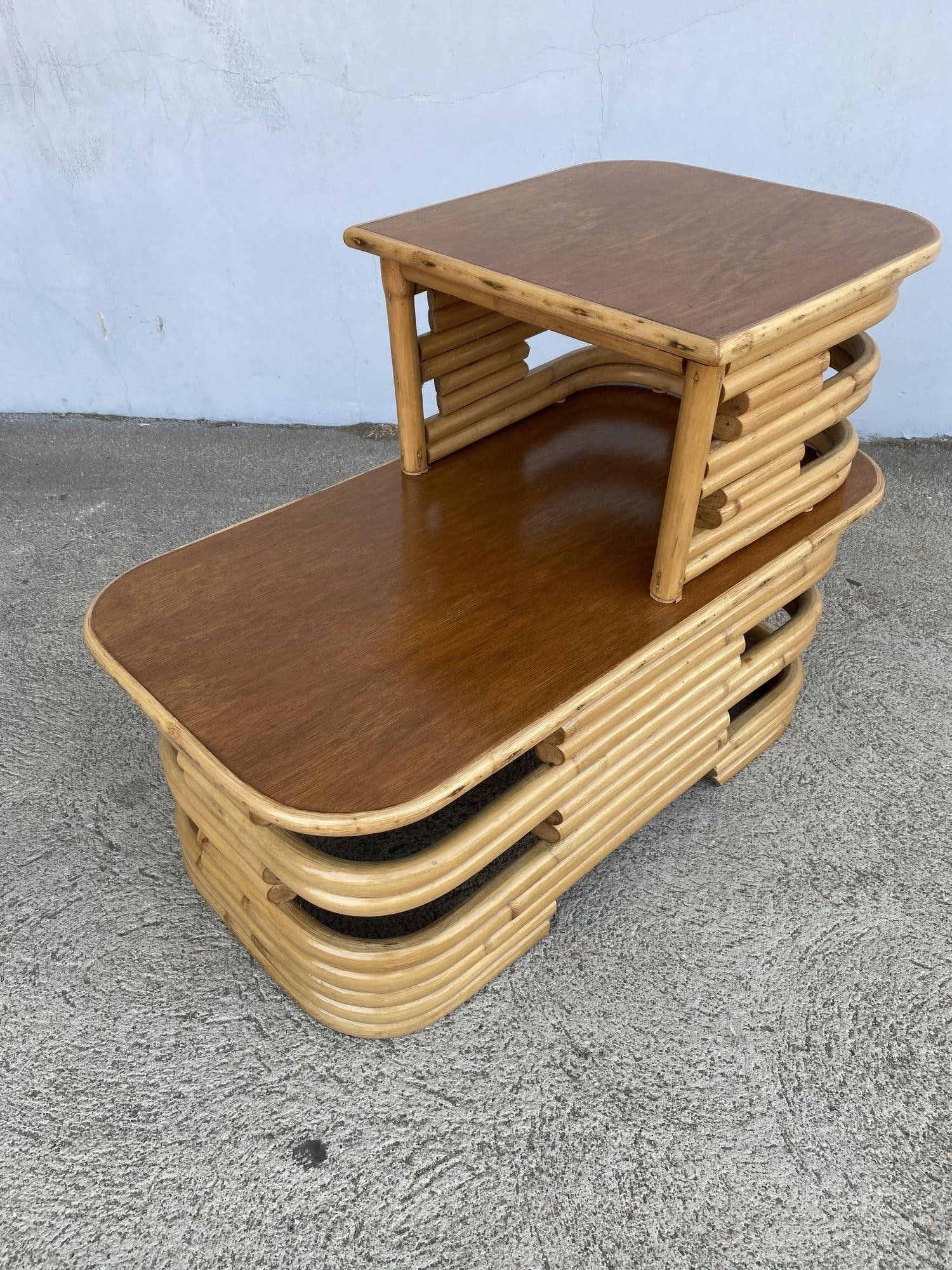 Restored Two-Tier Stacked Rattan Side Table with Mahogany Tops, Pair - 6