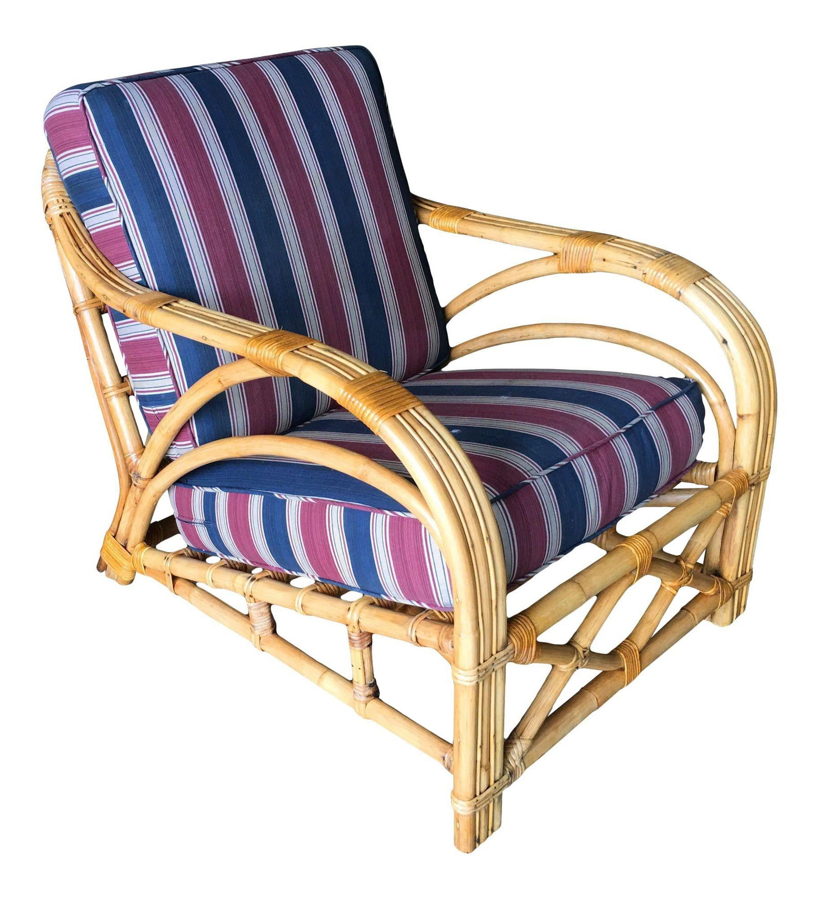 Restored Three-Strand "1940s Transition" Rattan Lounge: Title: Restored Three-Strand "1940s Transition" Rattan Lounge Description: This beautifully restored Paul Frankl-inspired three-strand "1940s Transition" rattan lounge chair is a vintage masterpiece.