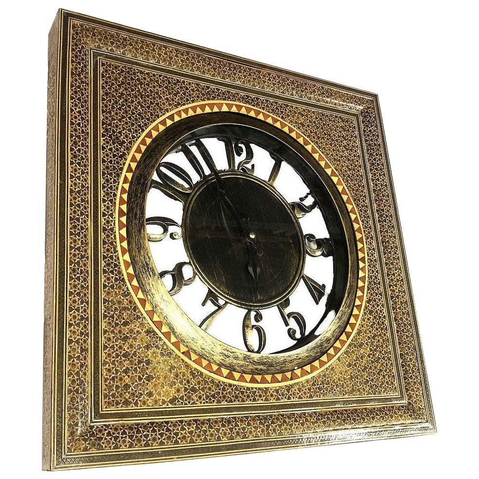 Persian Khatam Kari Marquetry Inlaid Mosaic Square Wood Wall Clock: Title: Persian Khatam Kari Marquetry Inlaid Mosaic Square Wood Wall Clock Description: The Persian Khatam Kari Marquetry Mosaic Square Wall Clock is a stylish blend of mixed materials. It features a
