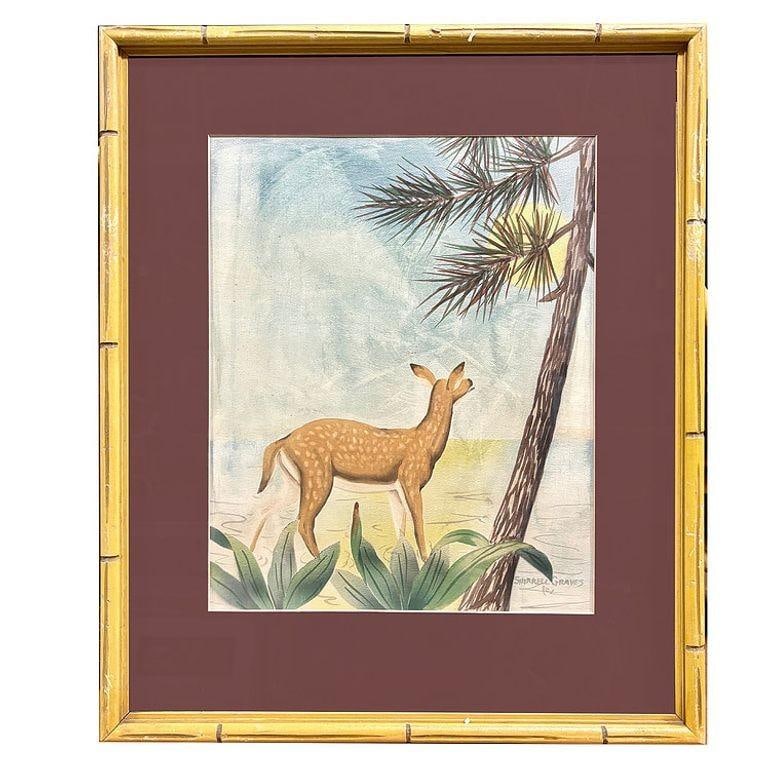 Deer Scenic Watercolor on Paper Signed by Shirrell Graves in Bamboo Frame, Pair - 5
