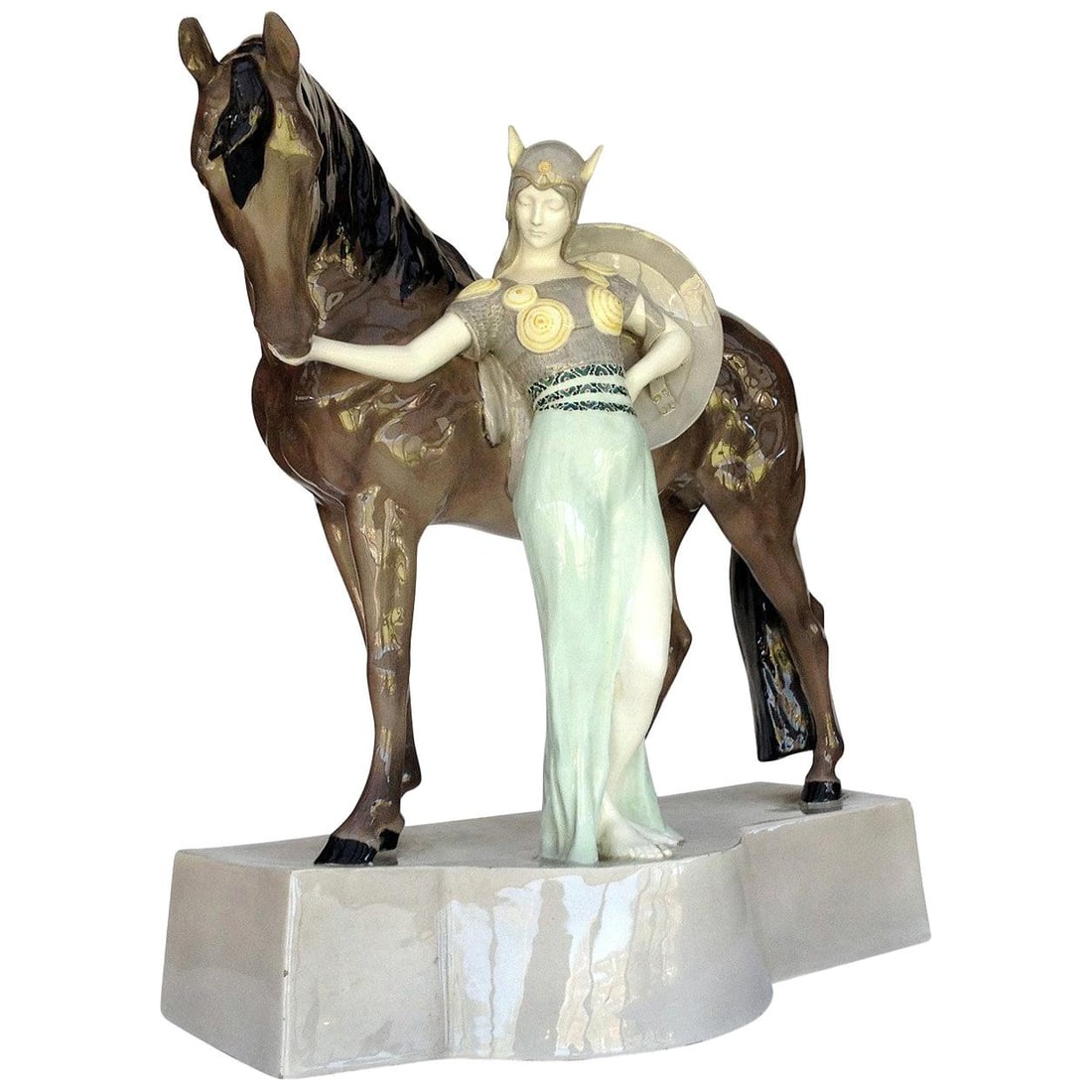 Ceramic Valkyrie and Horse Sculpture by Stanislaus Capeque for Goldscheider (1 of 1)