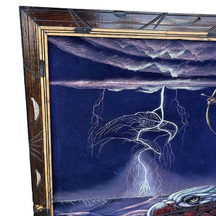 Mid-century Native Archer & Eagle Oil Velvet in Carved Frame by Ernesto Sanchez - 4