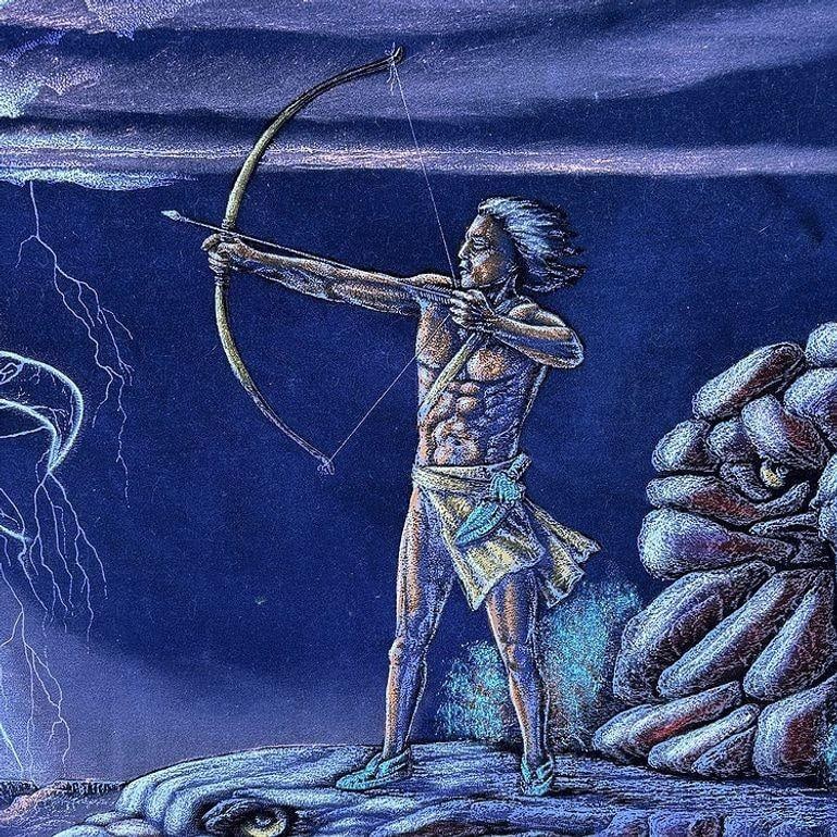 Mid-century Native Archer & Eagle Oil Velvet in Carved Frame by Ernesto Sanchez - 8