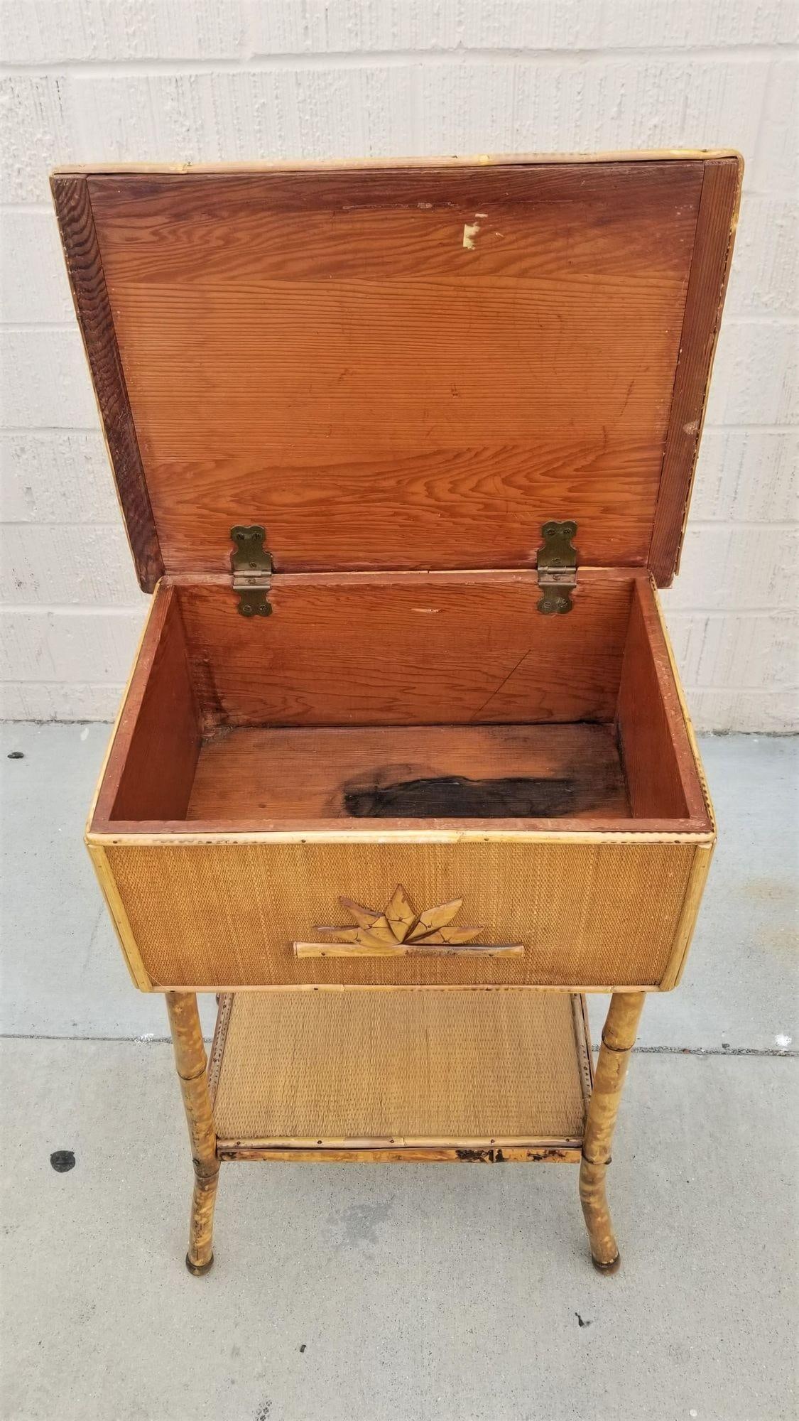 Restored Tiger Tortoise Bamboo Pedestal Side Table Storage Box - 2