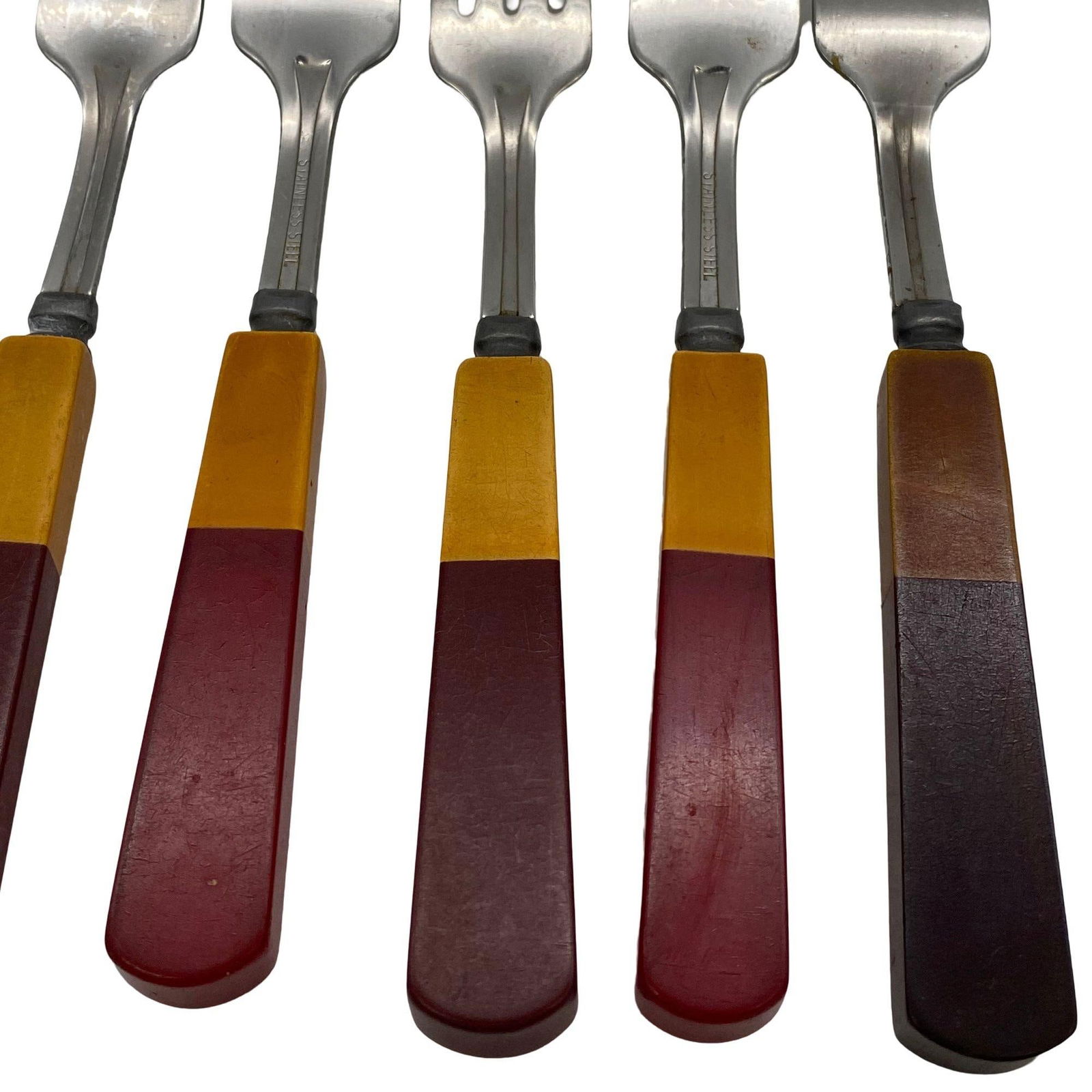 2-Toned Butterscotch, Red, Green Bakelite Stainless Steel Flatware 34 Pieces Set - 16