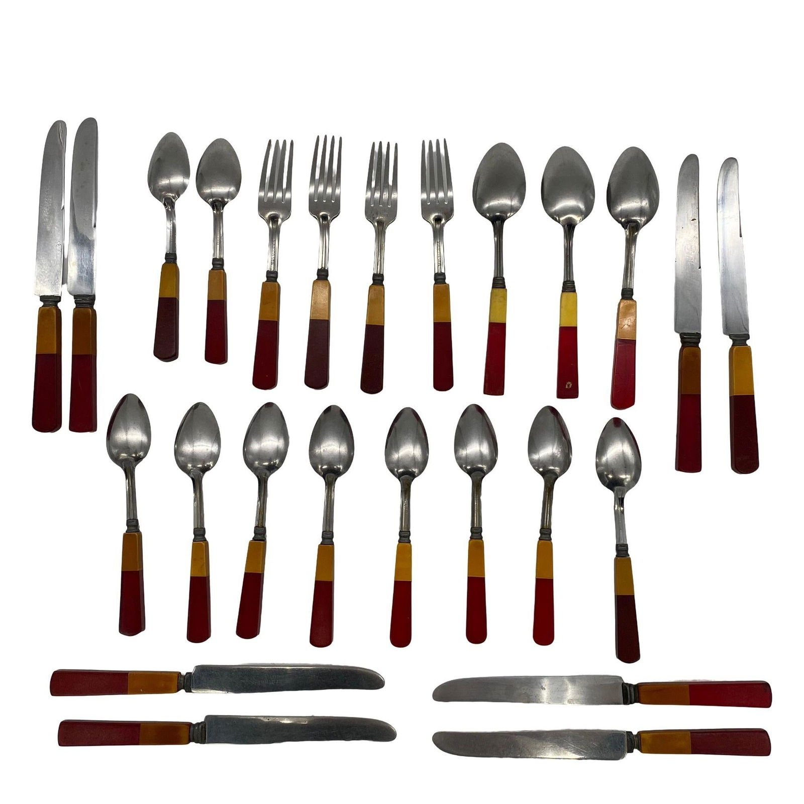 2-Toned Butterscotch, Red, Green Bakelite Stainless Steel Flatware 34 Pieces Set - 18