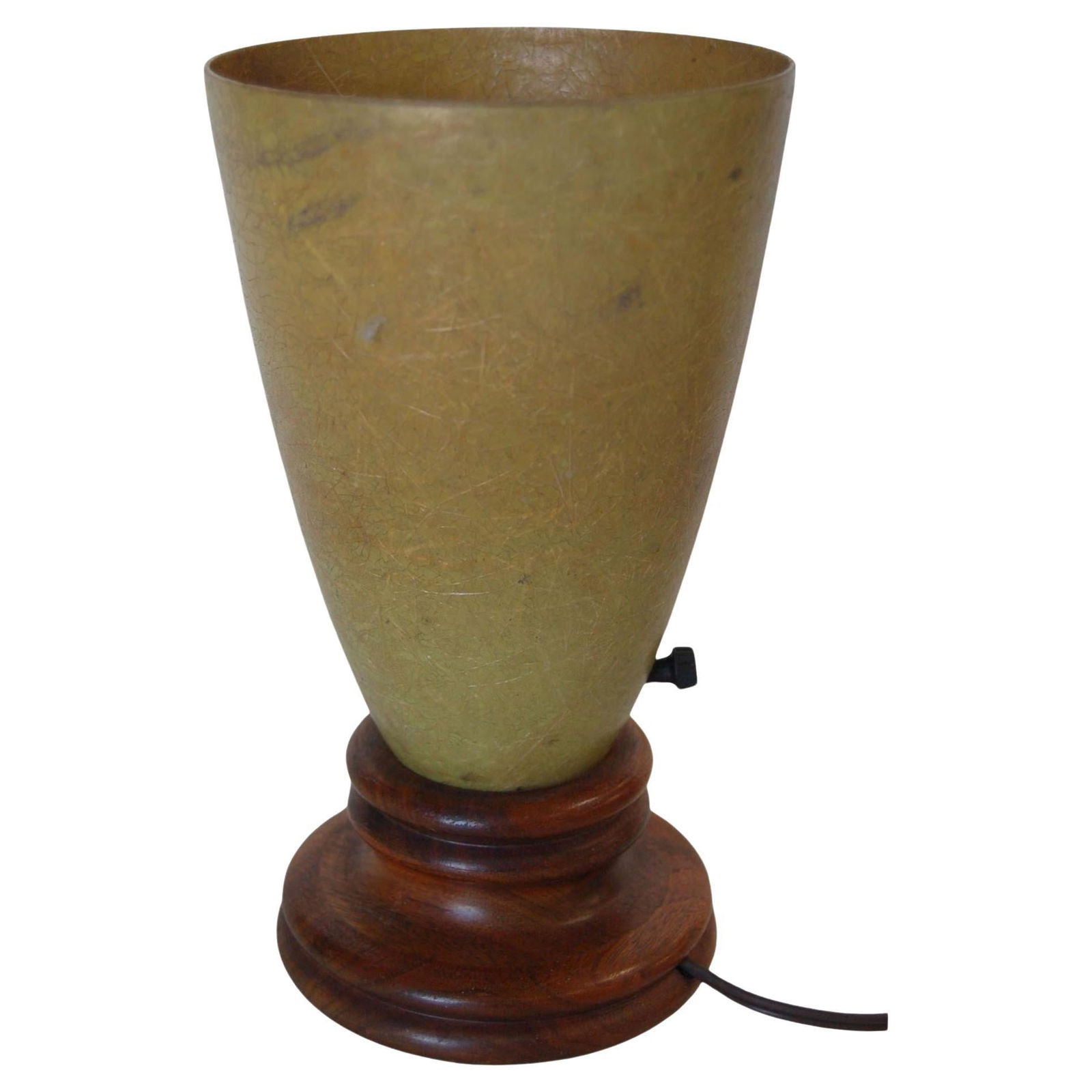 Fiberglass Torchiere Table Lamp with Wood Base: Title: Fiberglass Torchiere Table Lamp with Wood Base Description: Yellow fiberglass single cone table lamp with wood base. Measures: 5" diameter x 9" tall. Additional Information: Dimensions: Height: