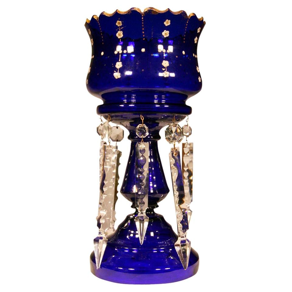 Victorian Cobalt Glass Hand-Cut and Gilded Luster Vase: Title: Victorian Cobalt Glass Hand-Cut and Gilded Luster Vase Description: Beautiful Victorian cobalt blue glass hand gilded luster vase with cut glass drops from the late Victorian era. Additional