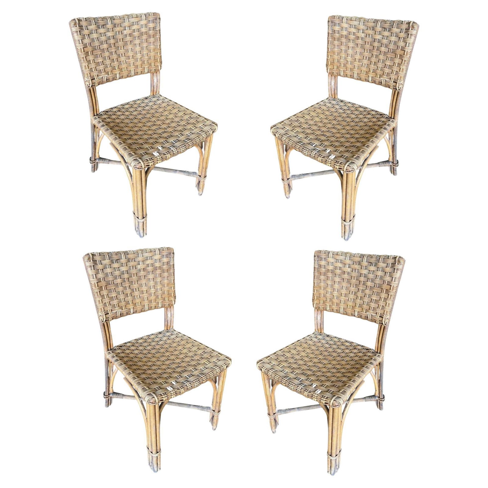 Restored Midcentury Era Rattan Dining Side Chairs with Wicker Woven Seats (1 of 5)
