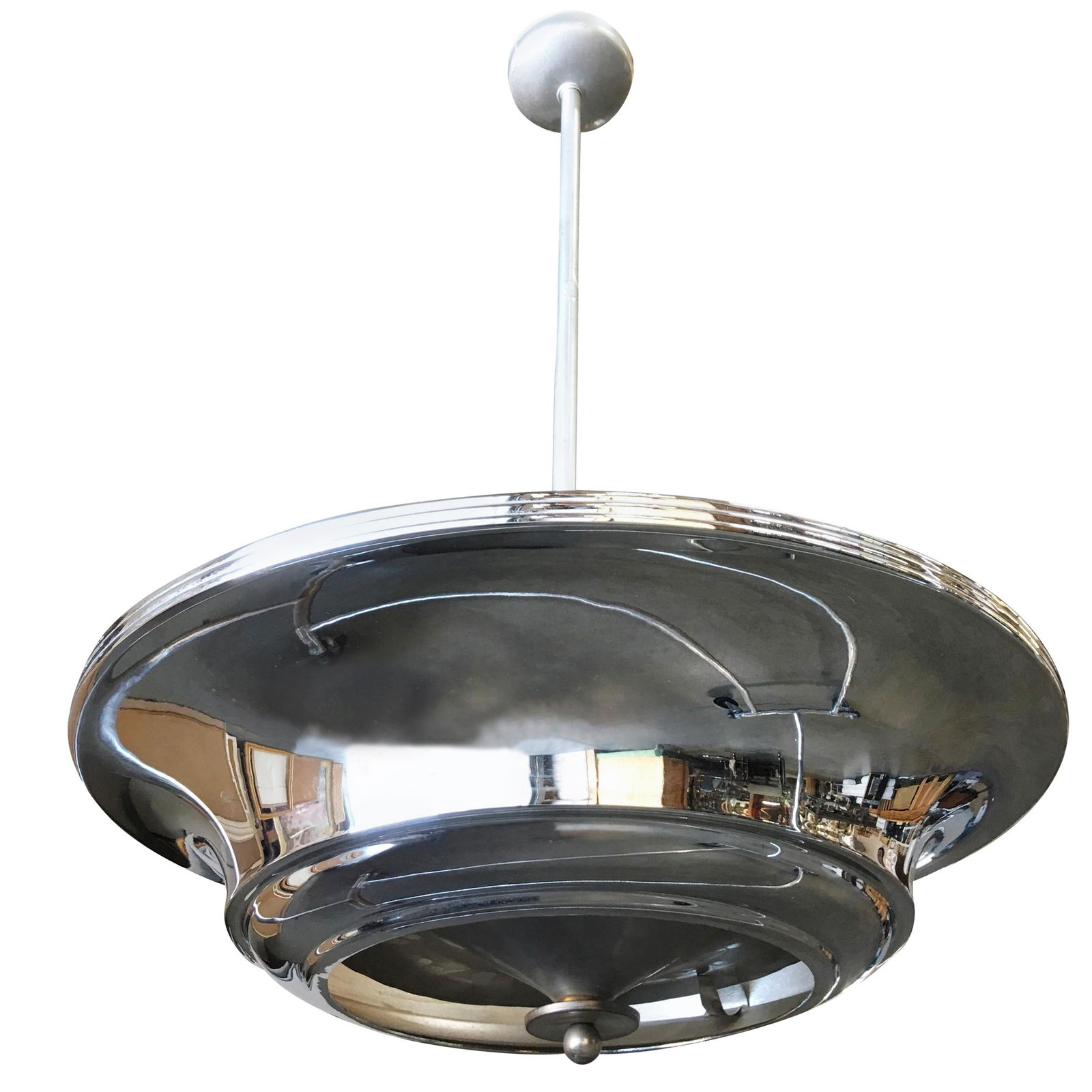 2 Layer Chrome Art Deco Streamline Saucer Ceiling Pendant Chandelier 4 Available: Title: 2 Layer Chrome Art Deco Streamline Saucer Ceiling Pendant Chandelier 4 Available Description: Two two-layer chromed steel Art Deco Streamline saucer ceiling pendant lamp featuring a round layer