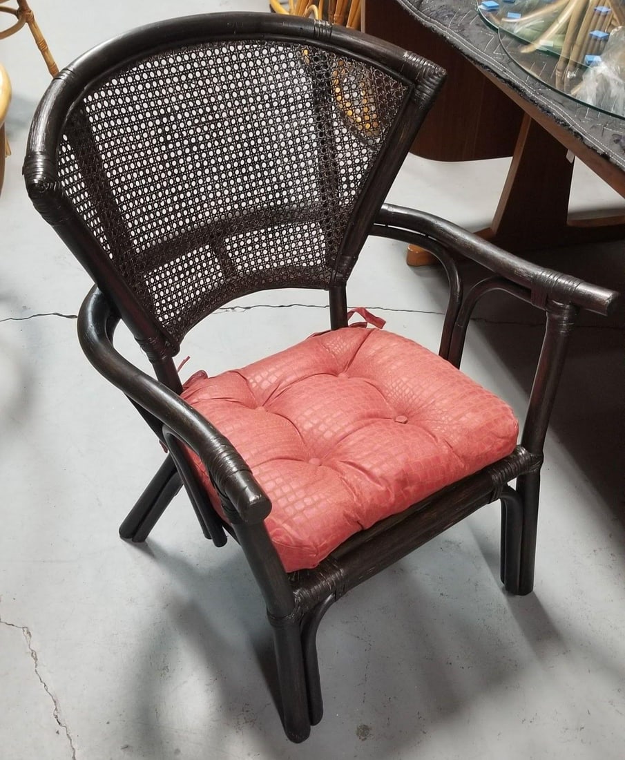 Restored Dark Wood Rattan Cane Fan Back Armchair - 15