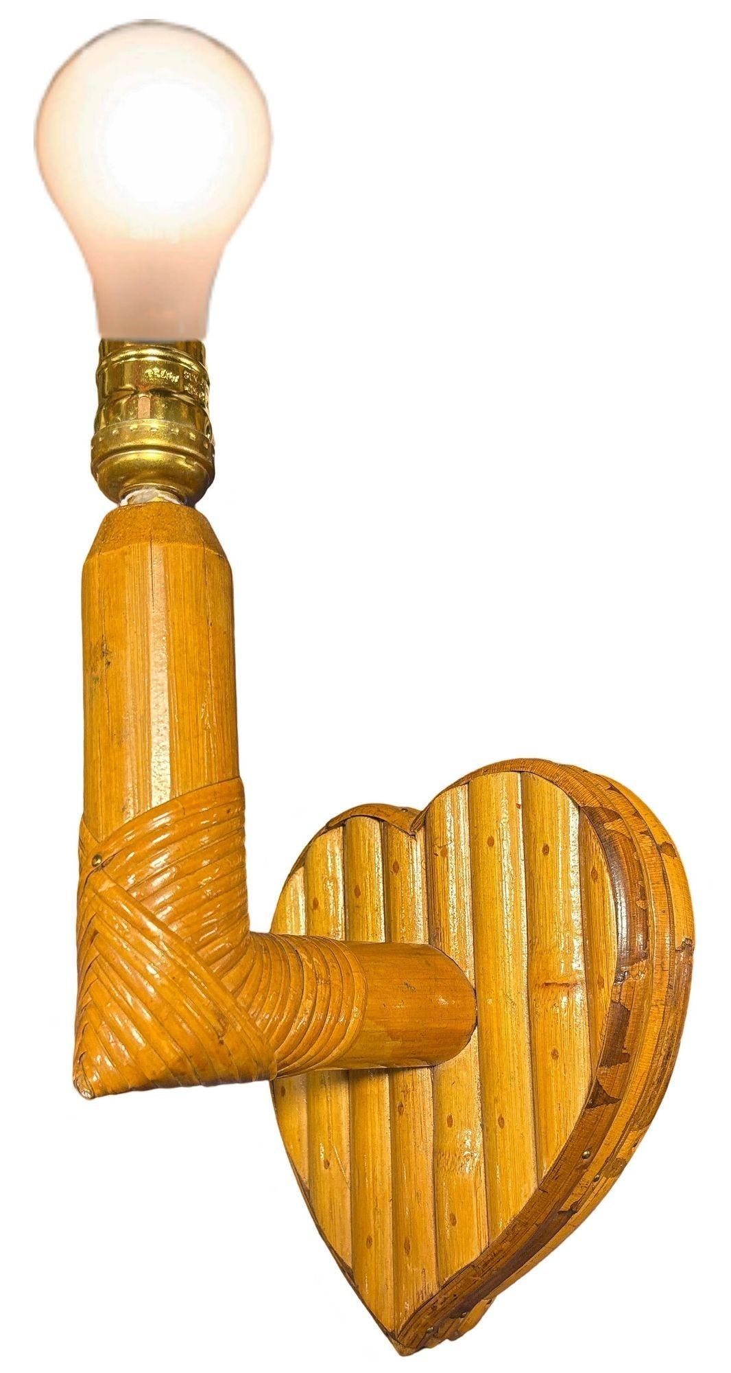 Bespoke Mid-century Split Rattan Heart Shaped Wall Sconce - 9