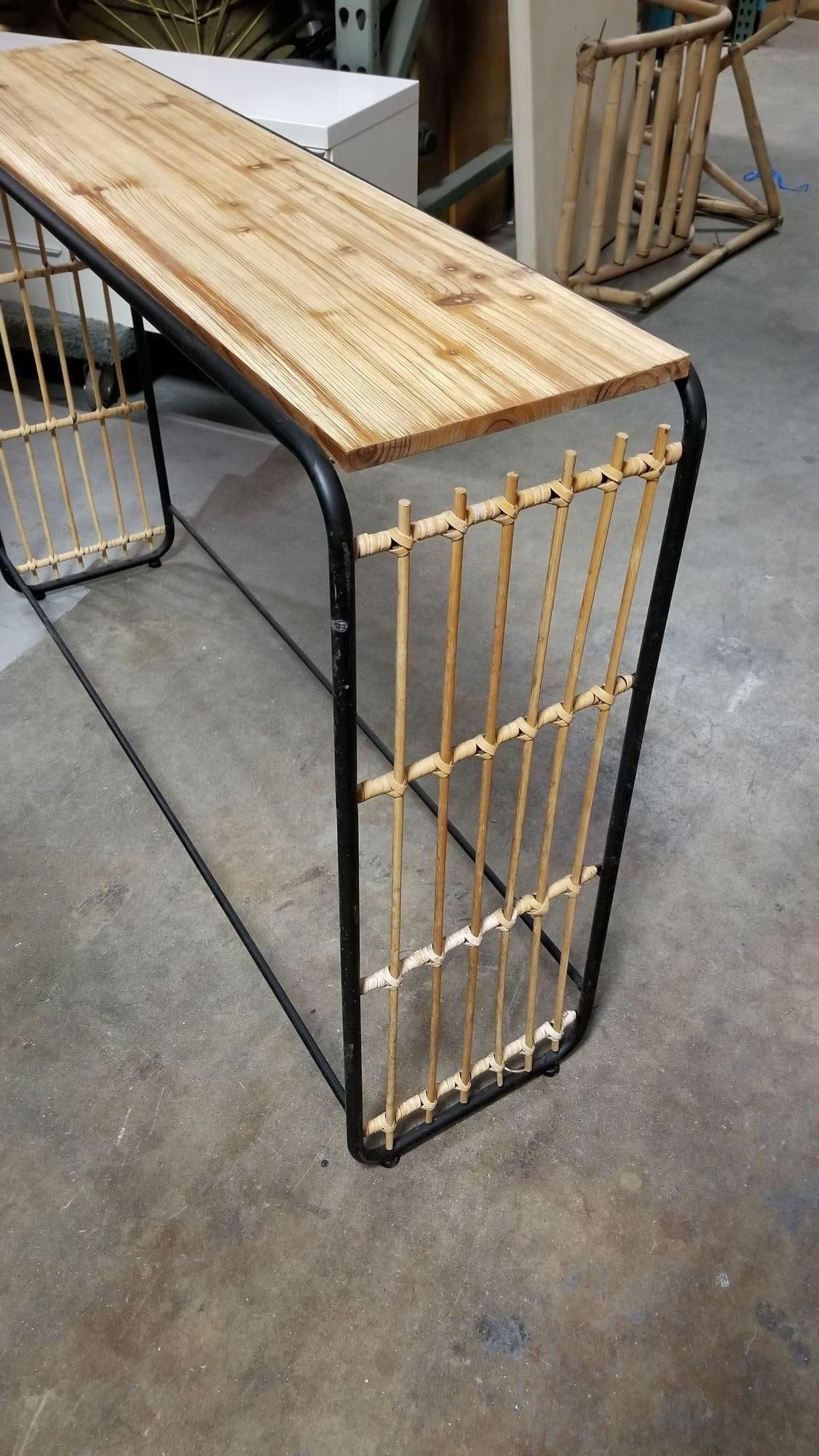 Restored Blonde Wood and Reed Rattan Waterfall Console Table - 17