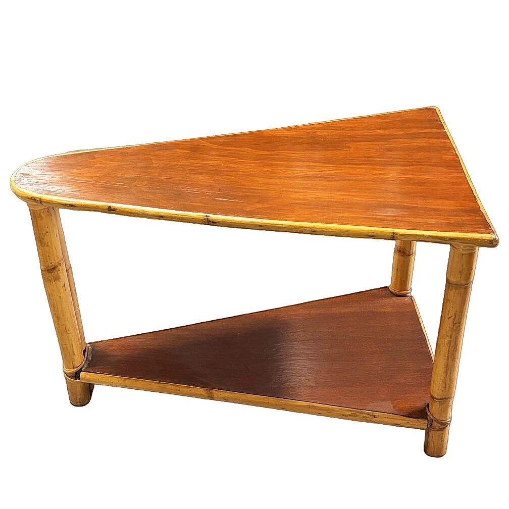 Restored Mid-century Rattan & Mahogany 2-Strand Wedge Side Table w/ Bottom Shelf - 12