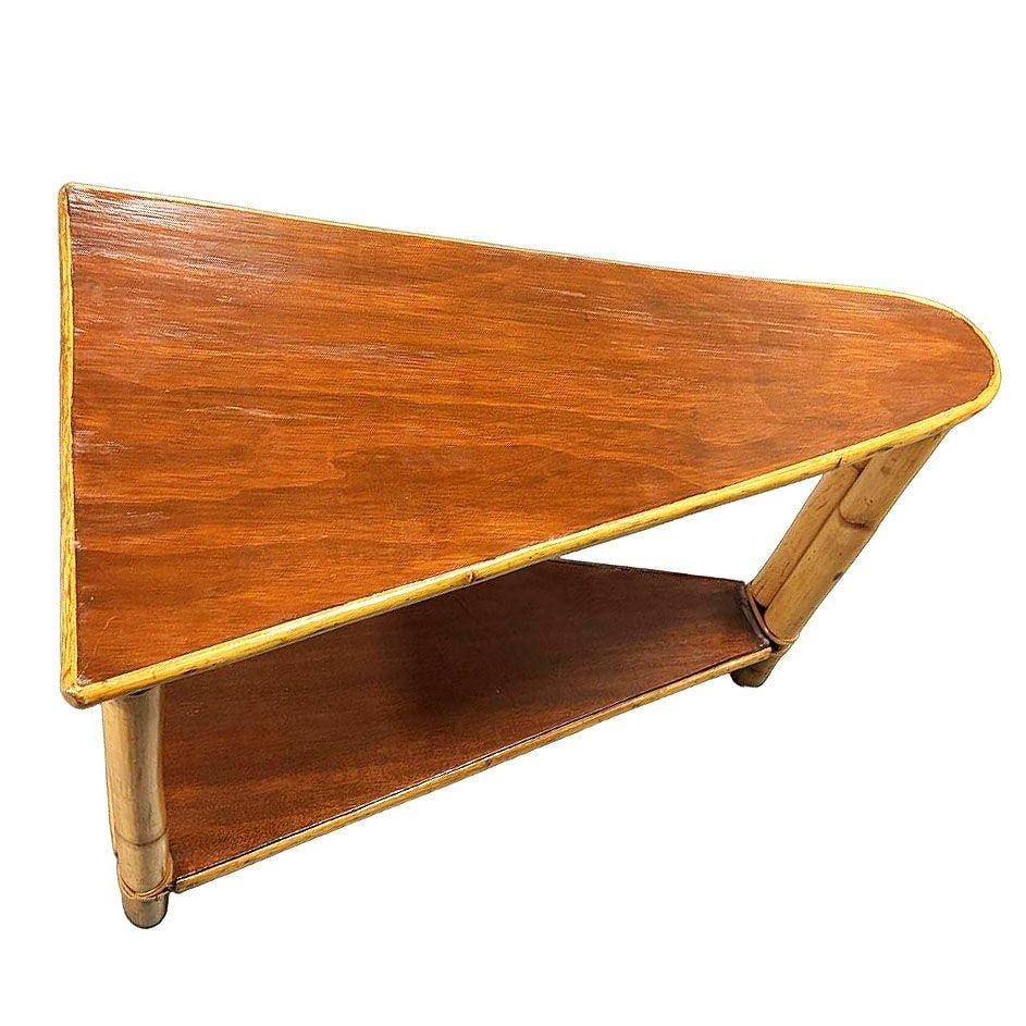 Restored Mid-century Rattan & Mahogany 2-Strand Wedge Side Table w/ Bottom Shelf - 16