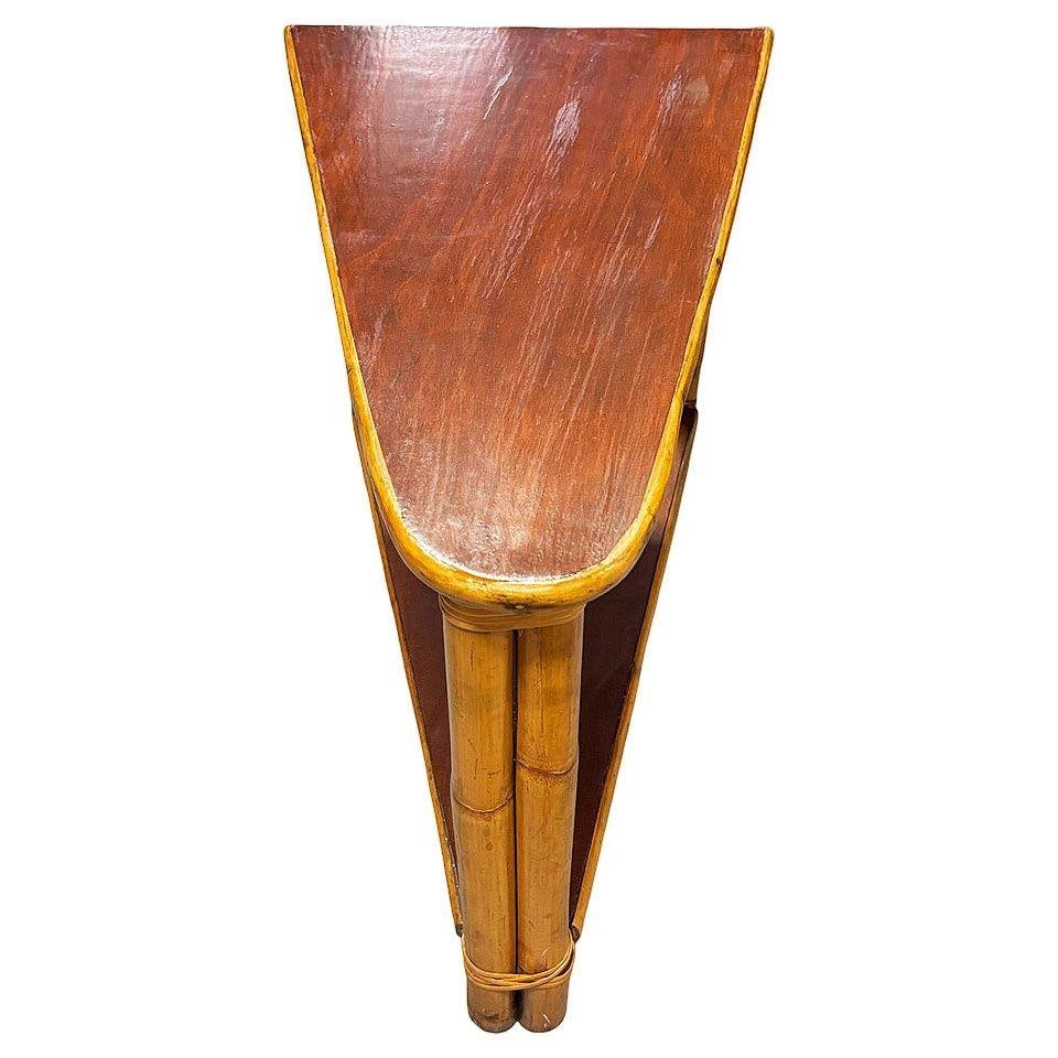 Restored Mid-century Rattan & Mahogany 2-Strand Wedge Side Table w/ Bottom Shelf - 17