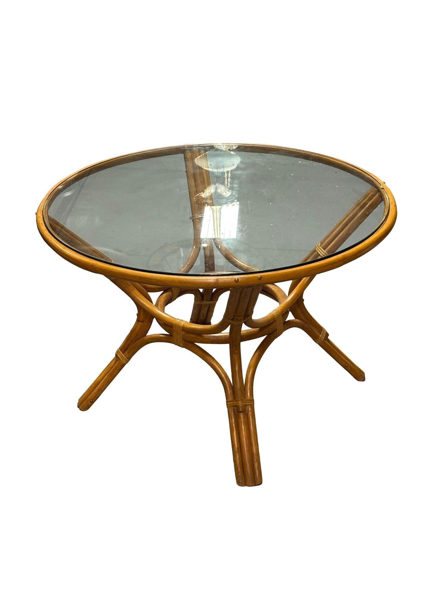 Restored 3-Strand Rattan Round Dining Table with Glass Top - 11