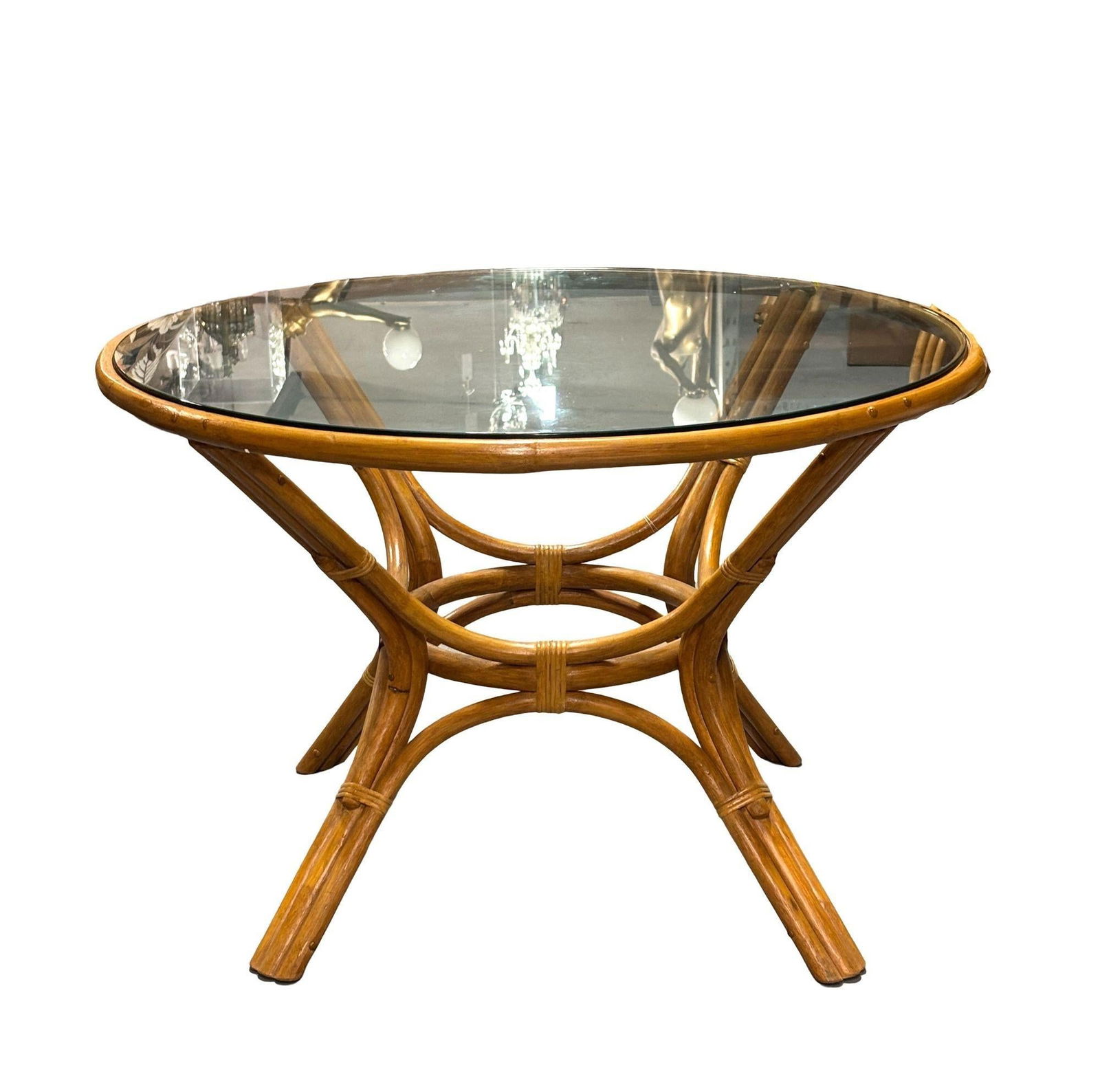 Restored 3-Strand Rattan Round Dining Table with Glass Top - 15