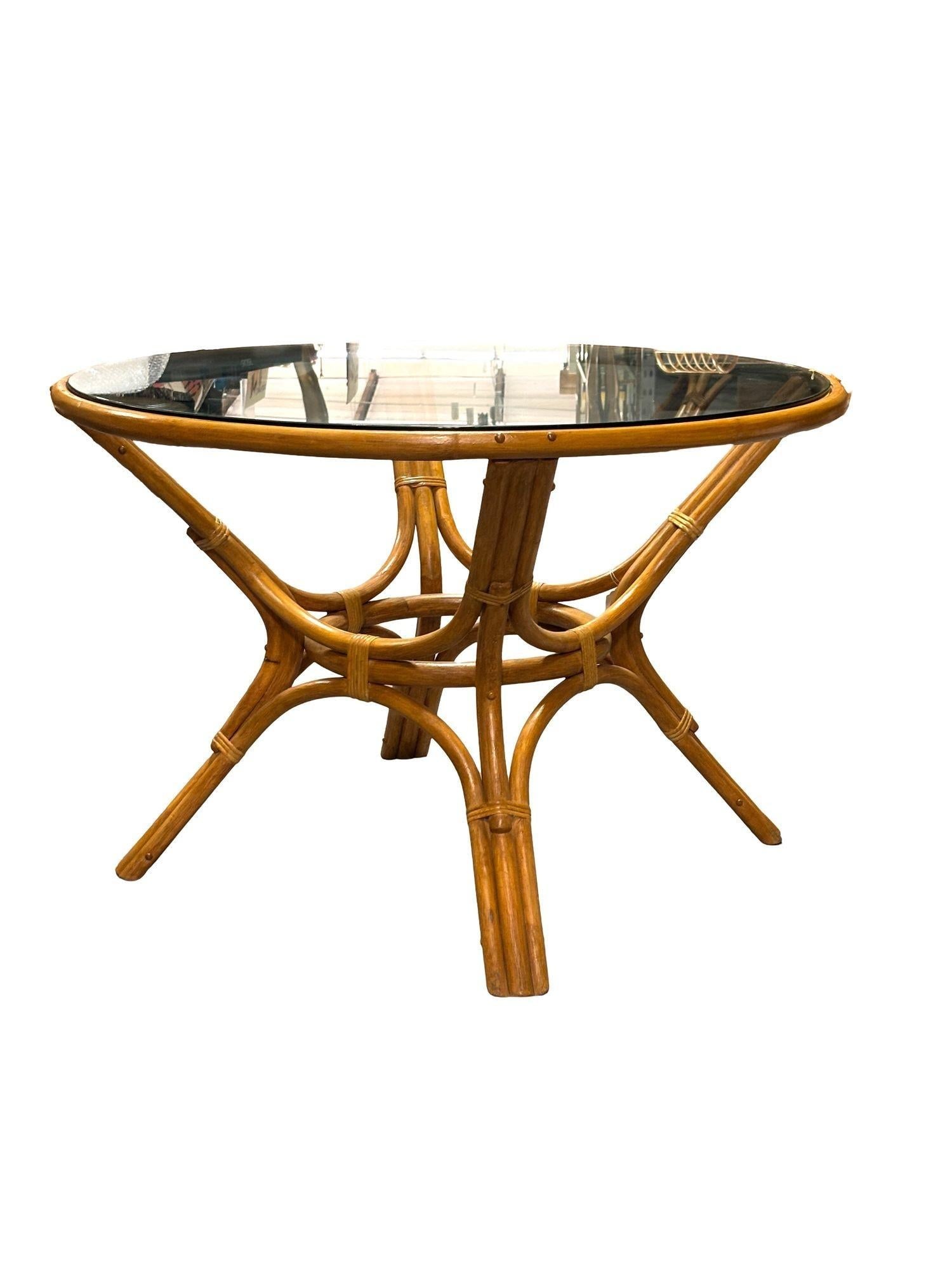 Restored 3-Strand Rattan Round Dining Table with Glass Top - 2