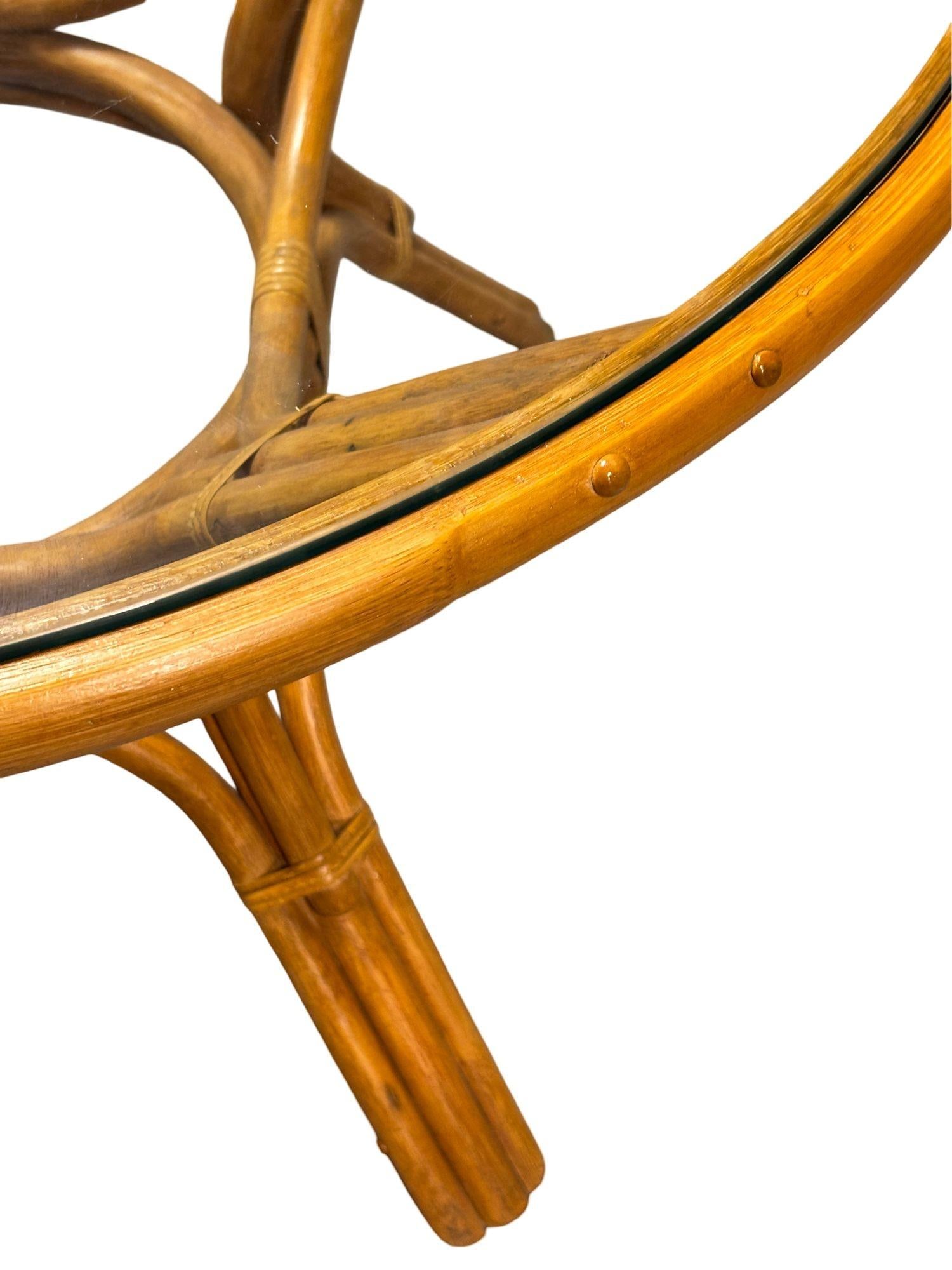 Restored 3-Strand Rattan Round Dining Table with Glass Top - 4