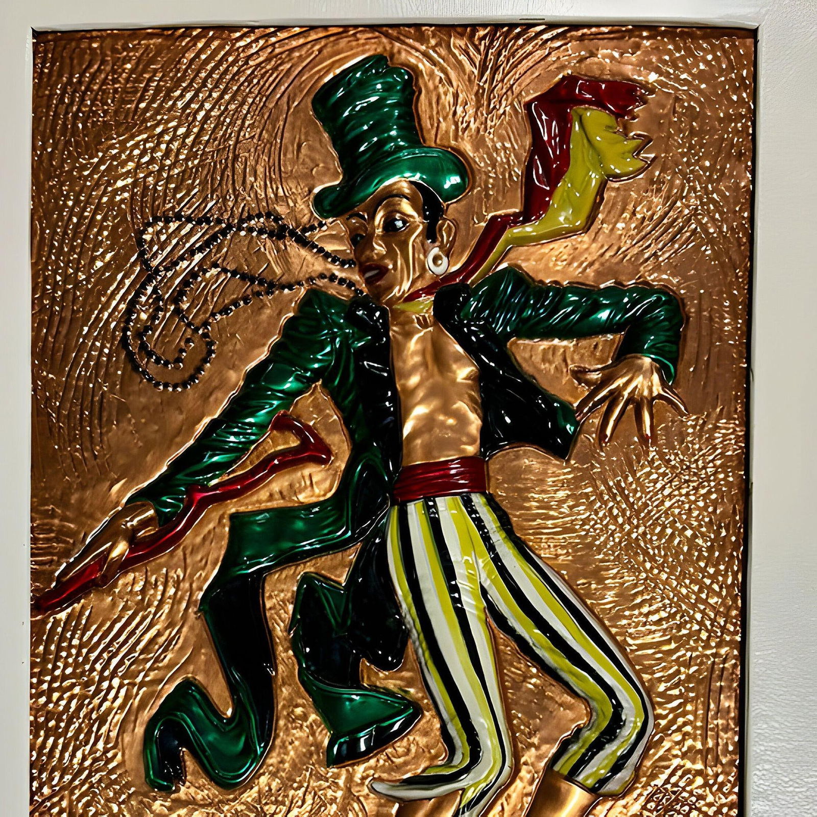 Mid-century Hand Painted Hammered Copper Relief Wall Art Framed, Pair - 10