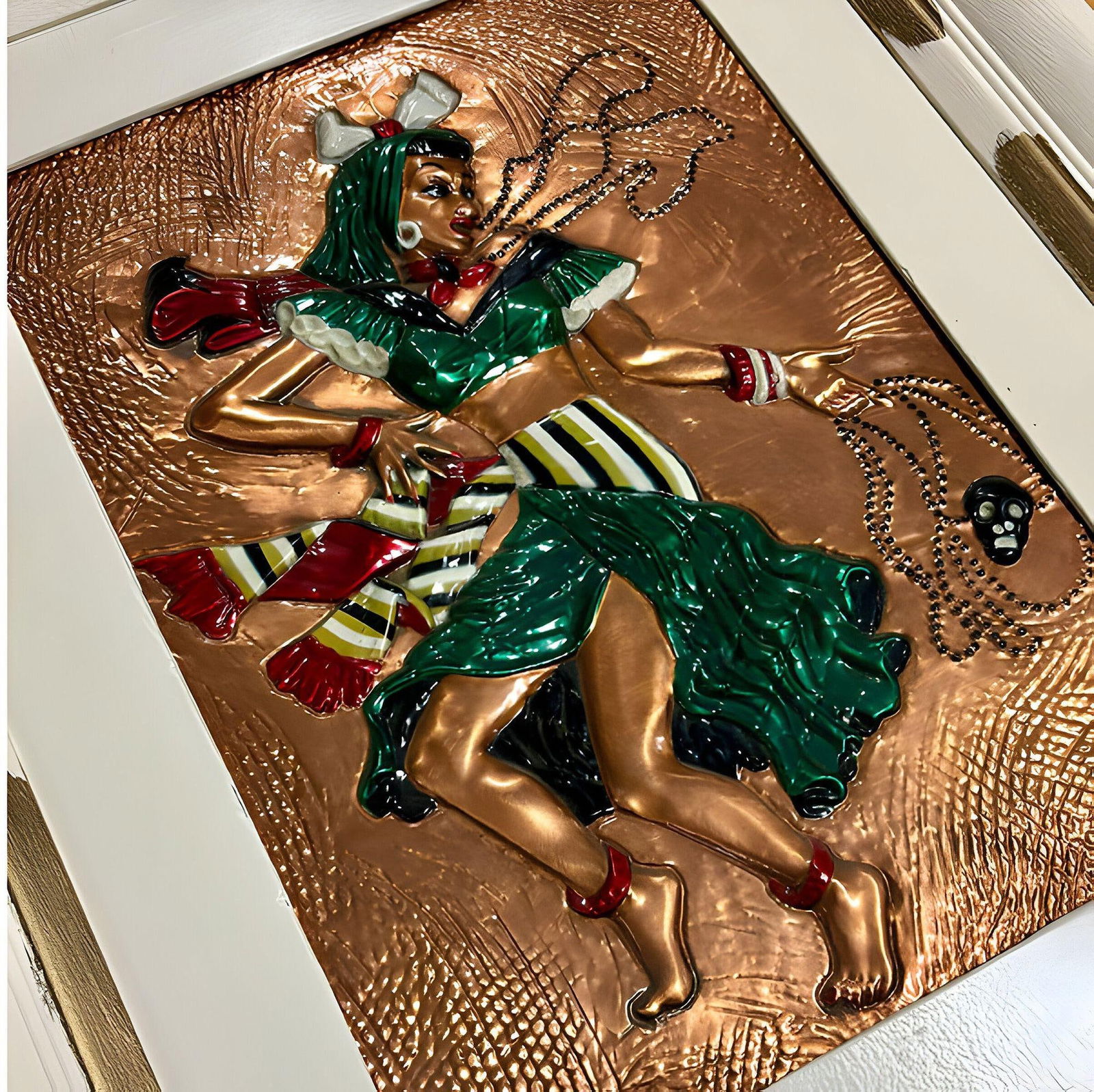 Mid-century Hand Painted Hammered Copper Relief Wall Art Framed, Pair - 4