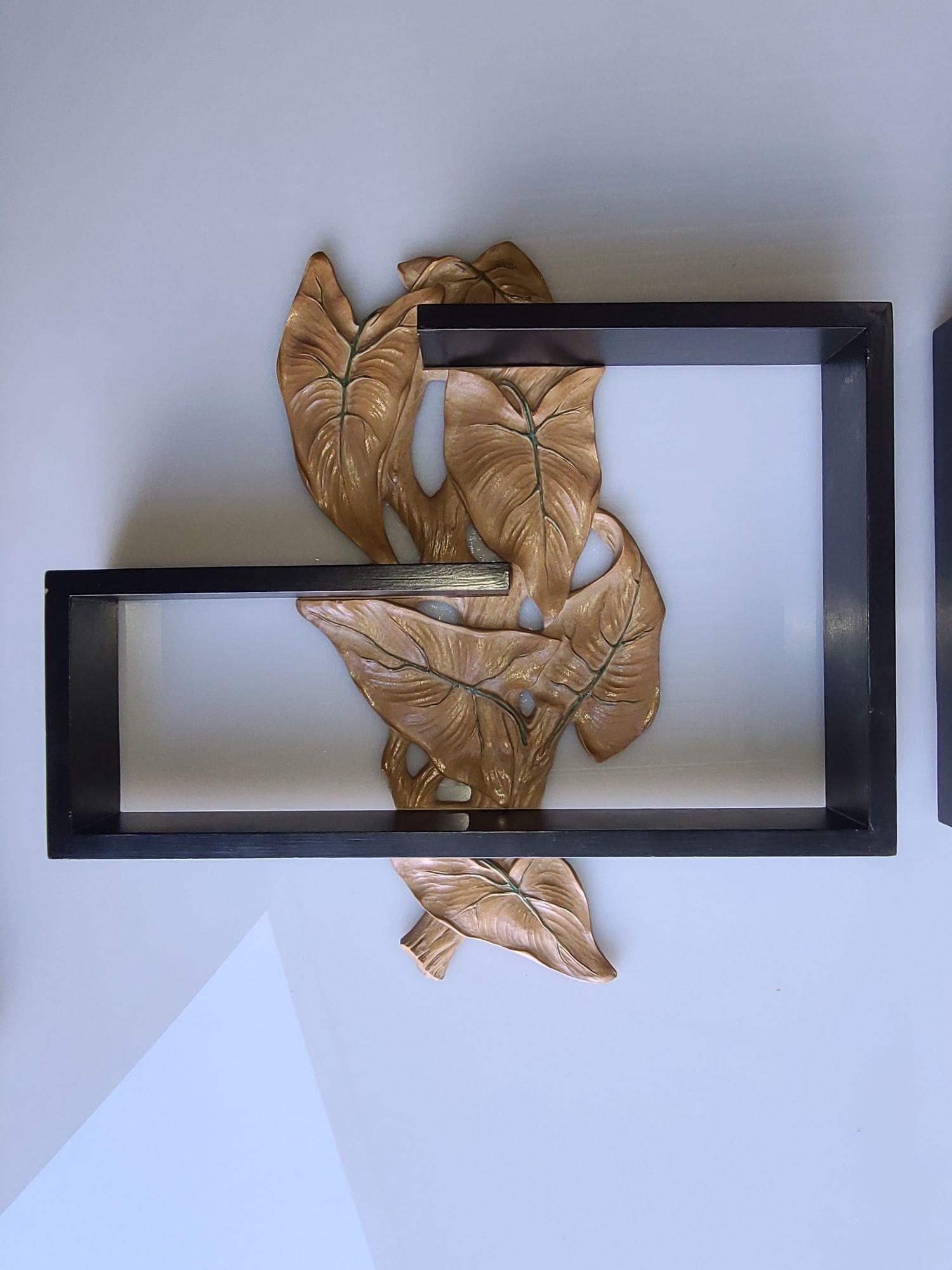 Midcentury Wall Shelf with Hand Carved Leaf Pattern, Pair - 20