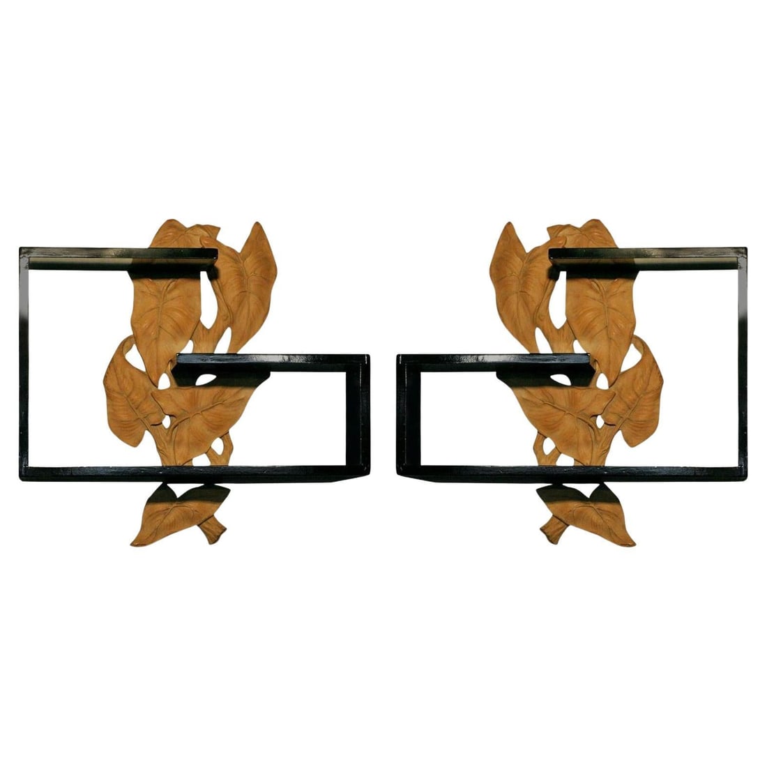 Midcentury Wall Shelf with Hand Carved Leaf Pattern, Pair - 7