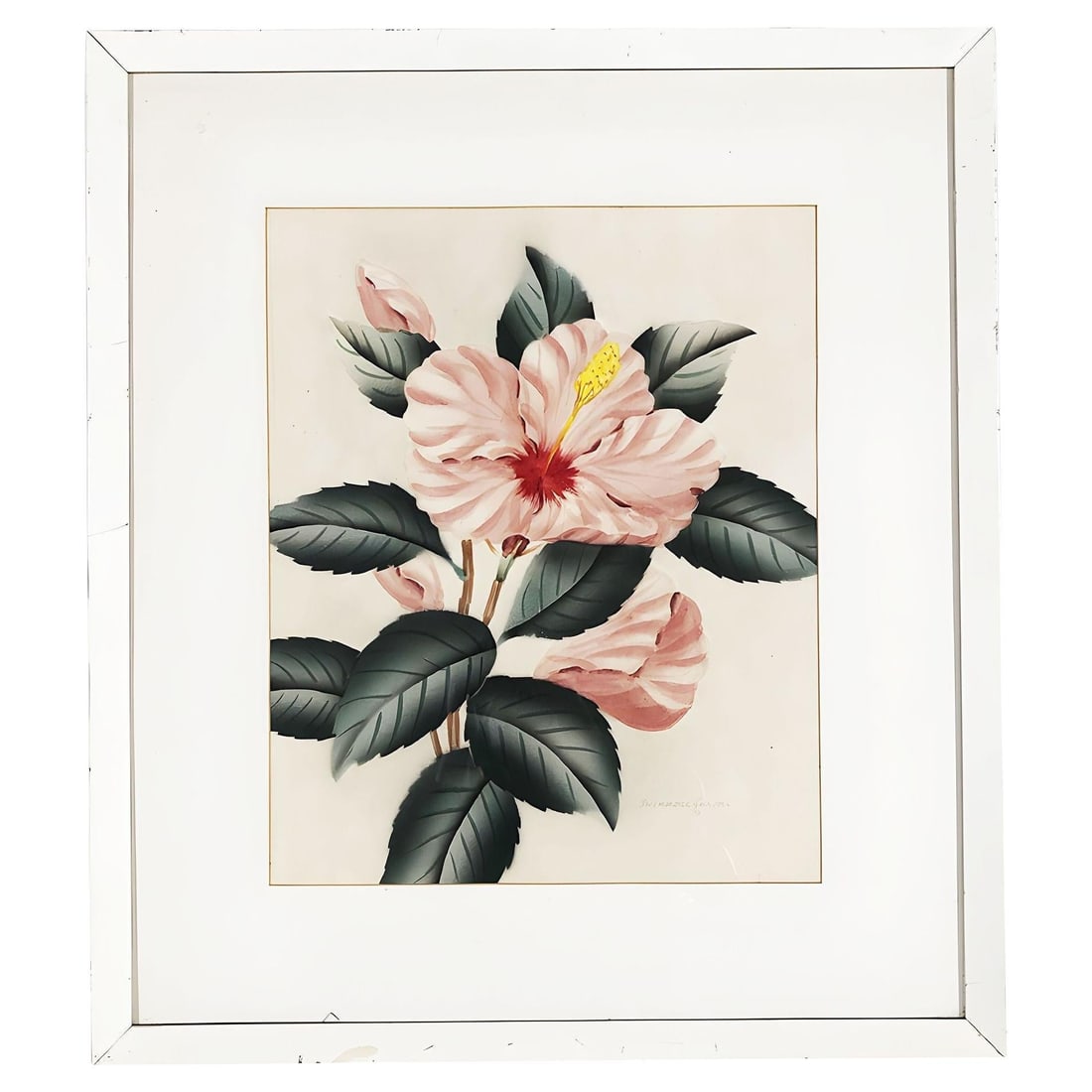 Pink Hibiscus Watercolor Painting on Paper Signed by Shirrell Graves, Framed: Title: Pink Hibiscus Watercolor Painting on Paper Signed by Shirrell Graves, Framed Description: Original 1940s Pink Hibiscus Watercolor Painting on Paper Signed by Shirrell Graves. The painting featu