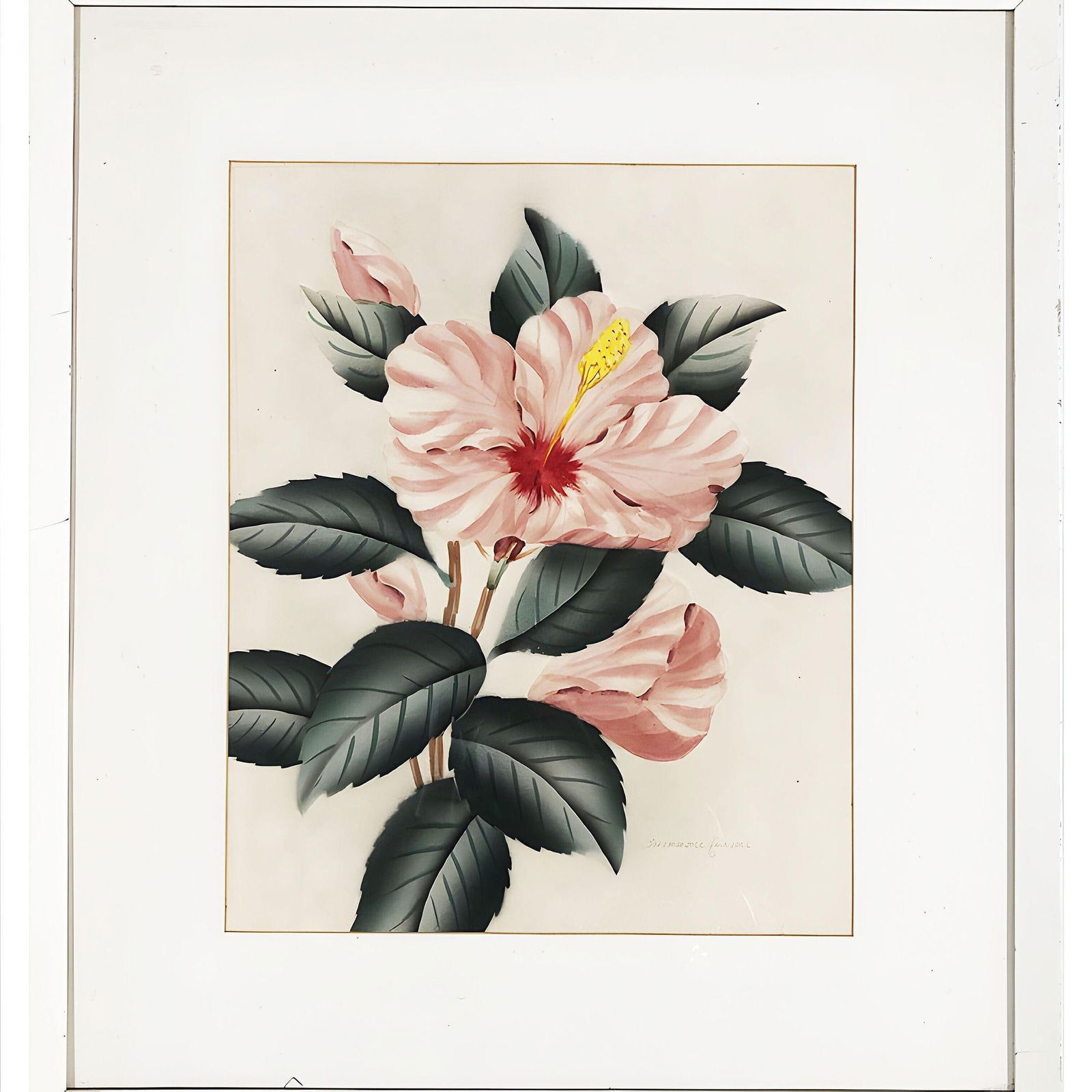 Pink Hibiscus Watercolor Painting on Paper Signed by Shirrell Graves, Framed - 4