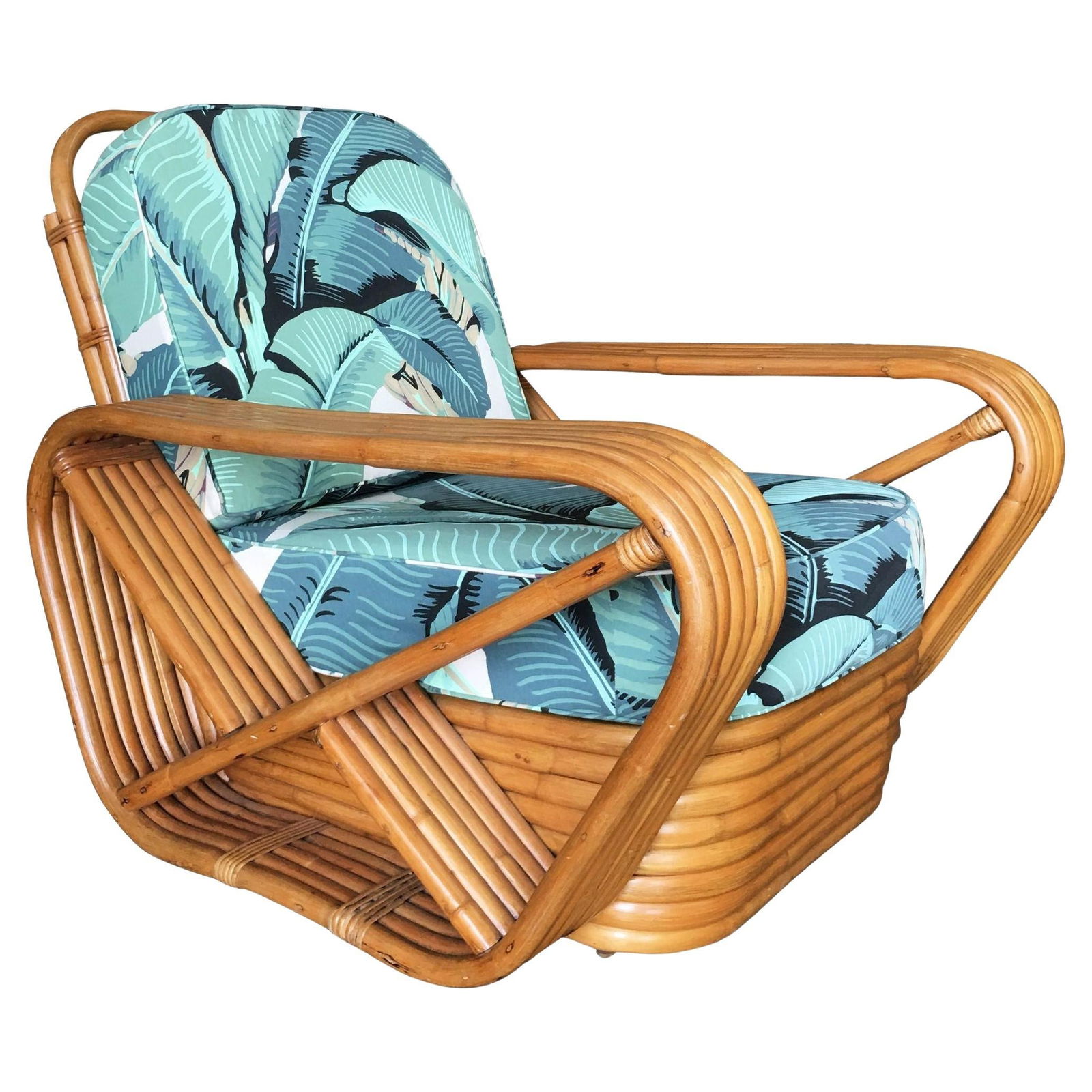 Restored Rattan Six-Strand Square Pretzel Lounge Chair Paul Frankl Style: Title: Restored Rattan Six-Strand Square Pretzel Lounge Chair Paul Frankl Style Description: This beautifully restored Paul Frankl-style six-strand rattan lounge chair features square pretzel arms and