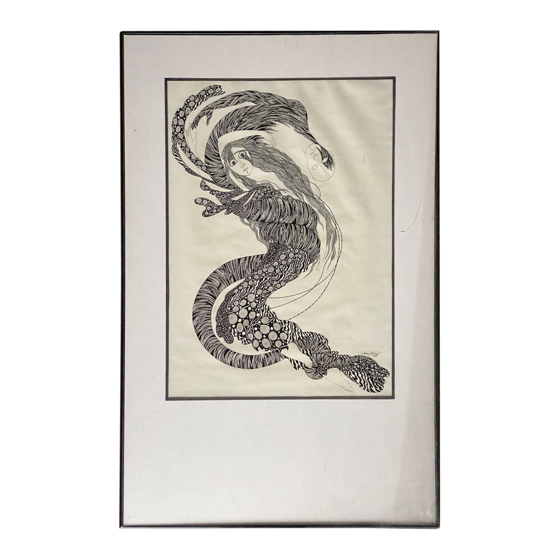 Hand Inked on Paper Surrealist Female Portrait drawing Signed Ken Kreel 1989: Title: Hand Inked on Paper Surrealist Female Portrait drawing Signed Ken Kreel 1989 Description: Hand-Inked Surrealist artwork drawing Signed Ken Kreel 1989. The piece depicts an abstract image of a