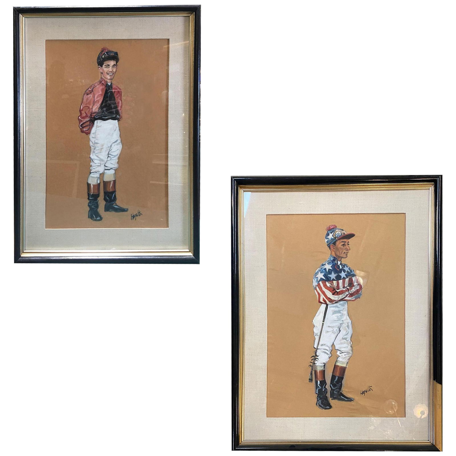 Pastel on Paper Horse Racing Jockey by Hagulaton, Pair: Title: Pastel on Paper Horse Racing Jockey by Hagulaton, Pair Description: Original pair of midcentury pastels on paper featuring a portrait of period jockey rider. Each is signed by the original