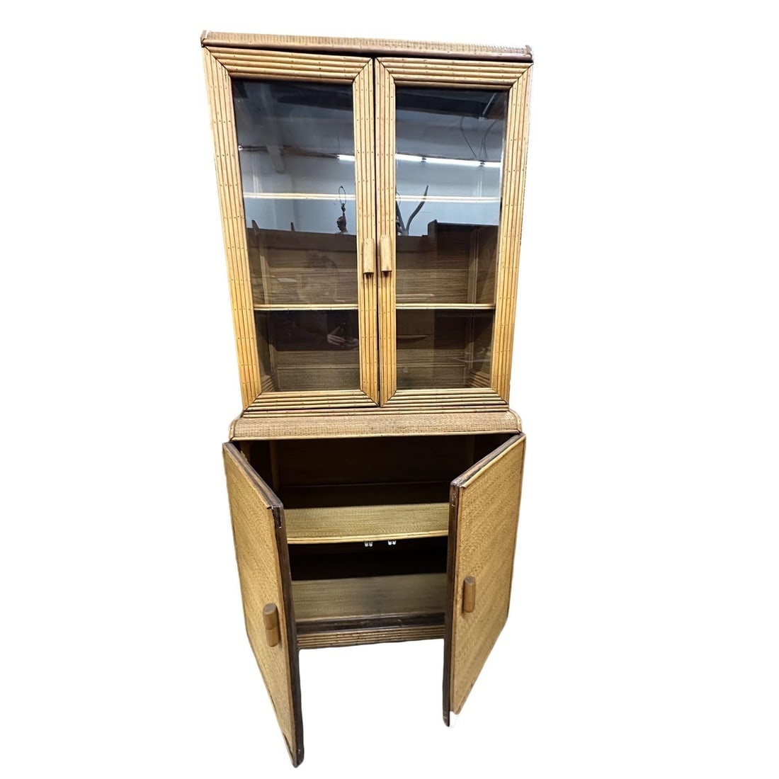 Restored Art Deco Stick Rattan & Grass Mat China Cabinet/Etagere - 10