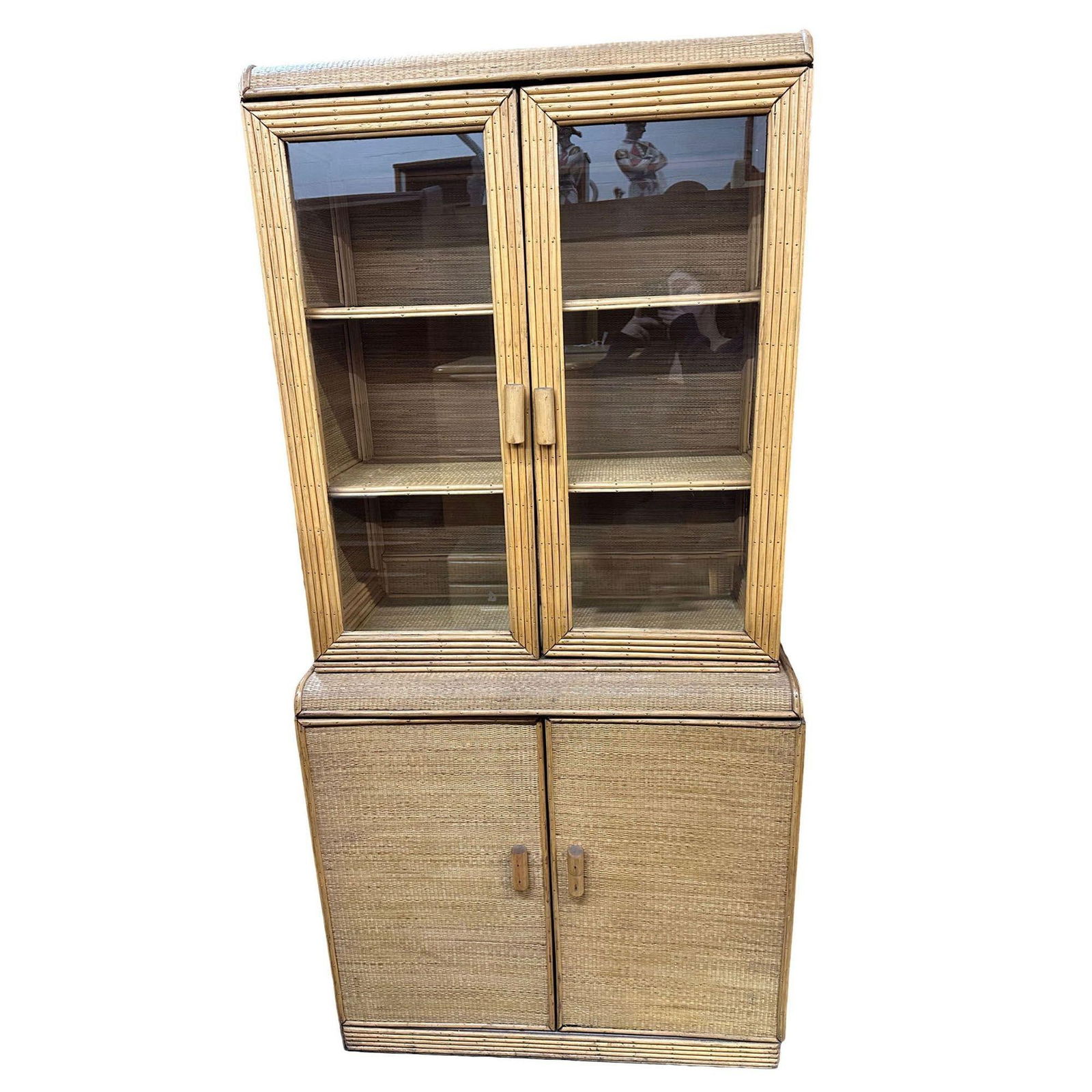 Restored Art Deco Stick Rattan & Grass Mat China Cabinet/Etagere - 11