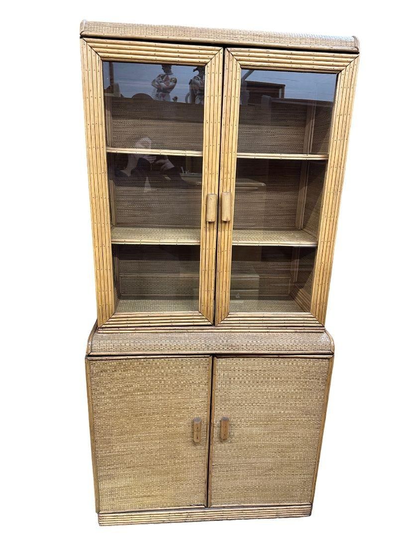 Restored Art Deco Stick Rattan & Grass Mat China Cabinet/Etagere - 19