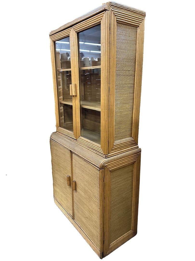 Restored Art Deco Stick Rattan & Grass Mat China Cabinet/Etagere - 20