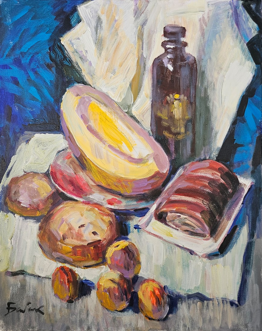 Acrylic still life melon Vyacheslav Petrovich Babac: Title: Acrylic still life melon Vyacheslav Petrovich Babac Description: 492BA Painter: Vyacheslav Petrovick Babac Size: 50x40 cm/ 19.68x15.74 inches Components: Acrylic, canvas Original painting from