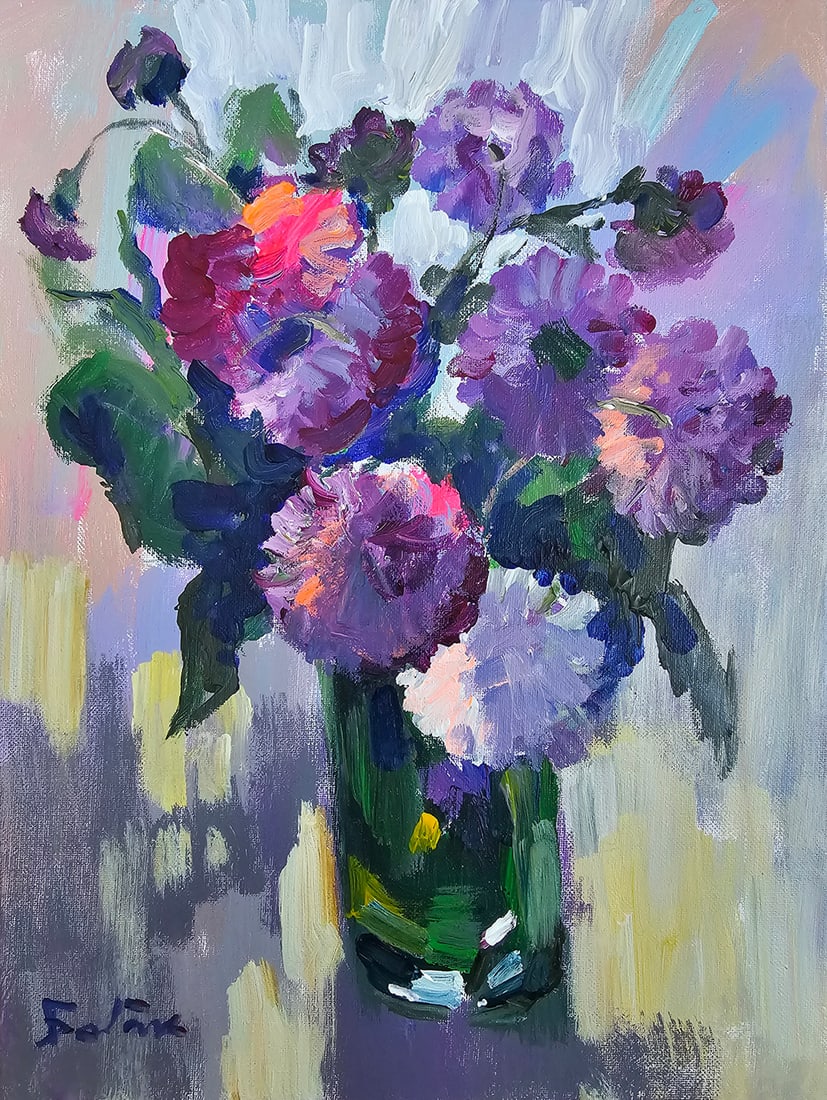 Acrylic still life purple bouquet Vyacheslav Petrovich Babac: Title: Acrylic still life purple bouquet Vyacheslav Petrovich Babac Description: 532BA Painter: Vyacheslav Petrovick Babac Size: 30x40 cm/ 11.81x15.74 inches Components: Acrylic, canvas Original paint