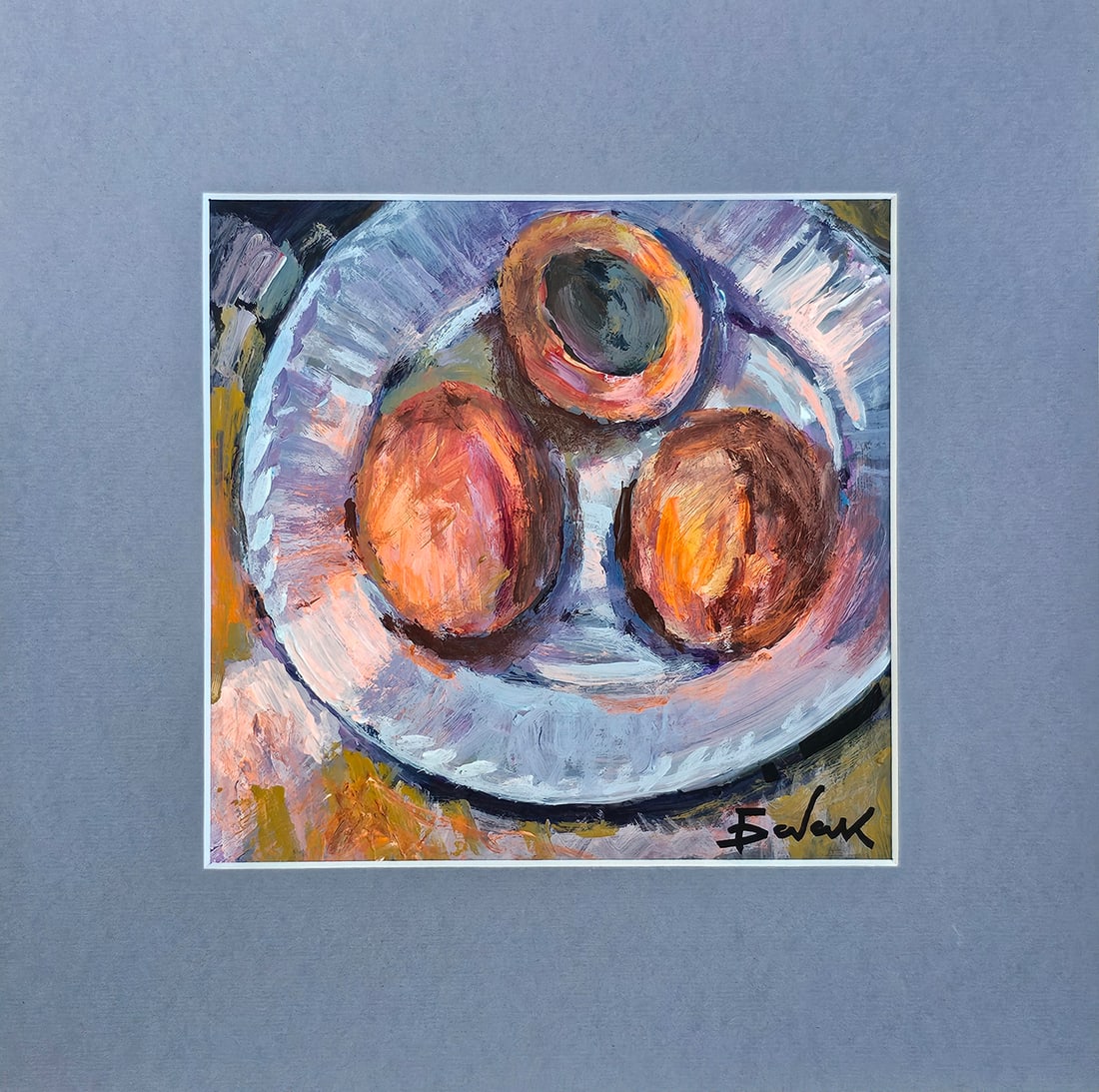 Acrylic still life Apricot Vyacheslav Petrovich Babac: Title: Acrylic still life Apricot Vyacheslav Petrovich Babac Description: 580BA Painter: Vyacheslav Petrovick Babac Size: 17x17 cm/ 6.69x6.69 inches Components: Acrylic, canvas Original painting from