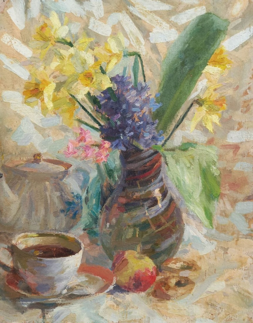 Oil painting Morning bouquet Alex Ditriev: Title: Oil painting Morning bouquet Alex Ditriev Description: 550AD Painter: Alex Ditriev Size:40x31 cm/ 15.75x12.20 inches Components: oil, cardboard Original painting from our collection ERA: Short