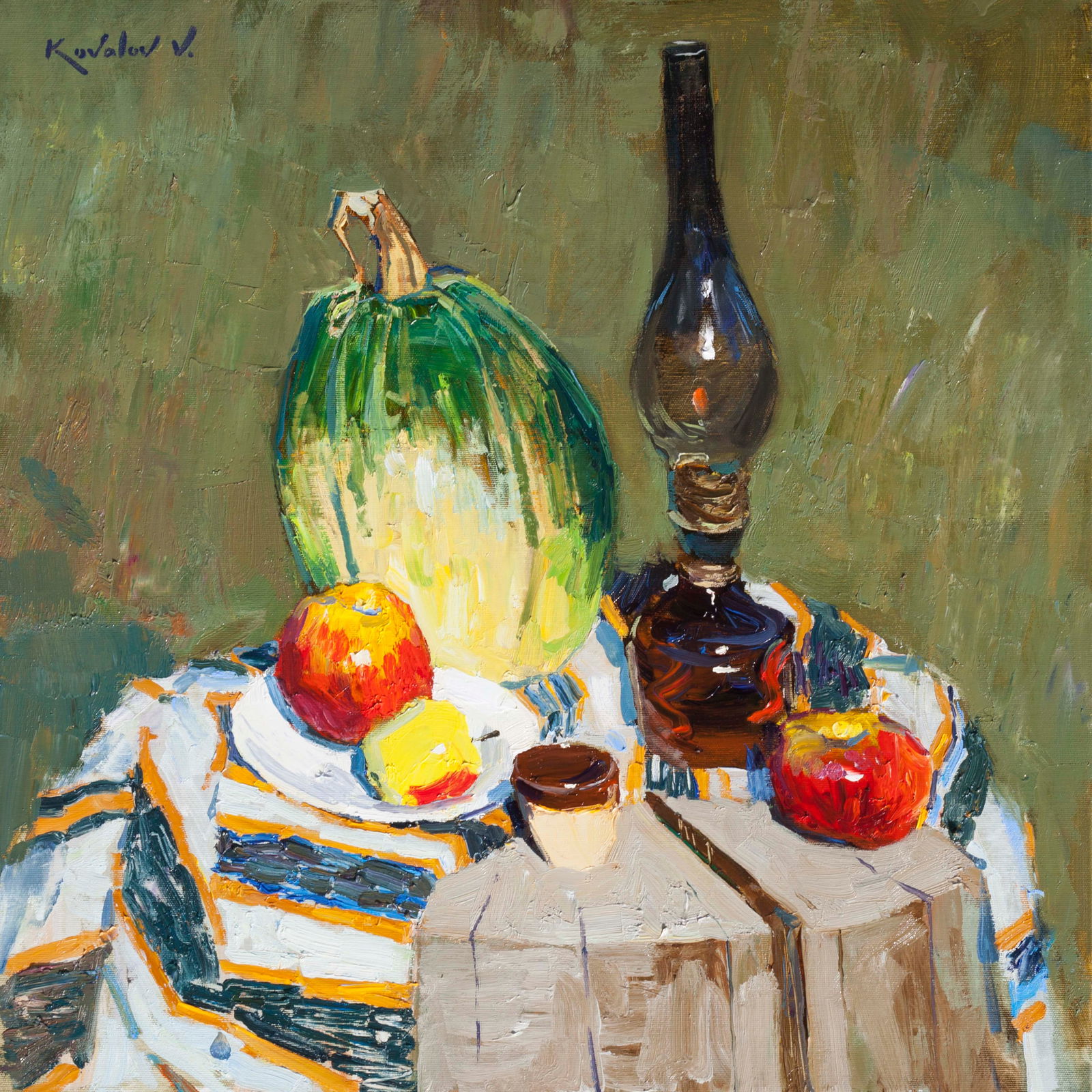 Oil painting Autumn still life with lamp Ukrainian Artist: Title: Oil painting Autumn still life with lamp Ukrainian Artist Description: 13KV Painter: Kovaliov V. Size: 60x60 cm/23.6x23.6 inches Components: oil, canvas Original painting from our collection ER