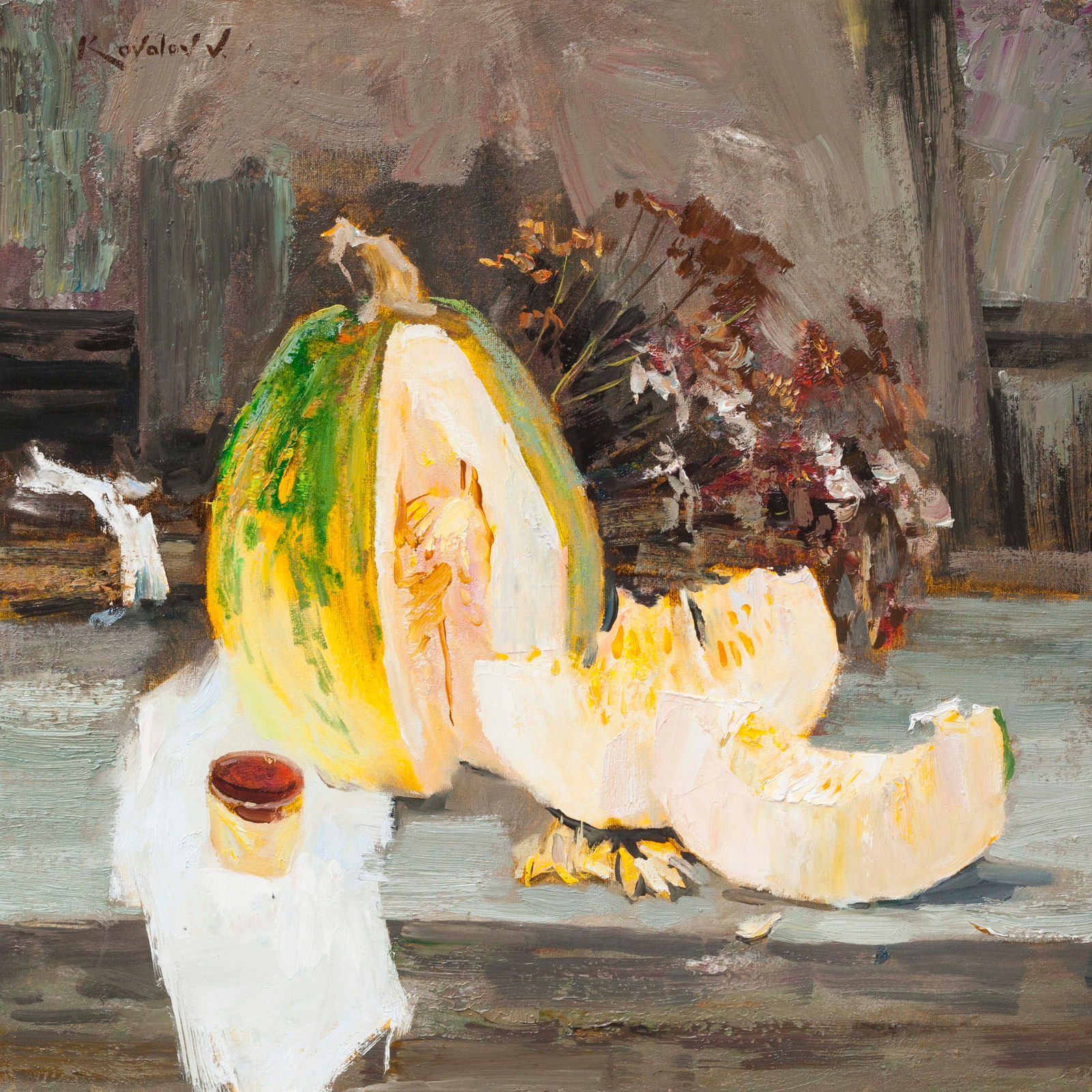 Oil painting Autumn still life with pumpkin Ukrainian Artist: Title: Oil painting Autumn still life with pumpkin Ukrainian Artist Description: 14KV Painter: Kovaliov V. Size: 50x50 cm/19.7x19.7 inches Components: oil, canvas Original painting from our collection