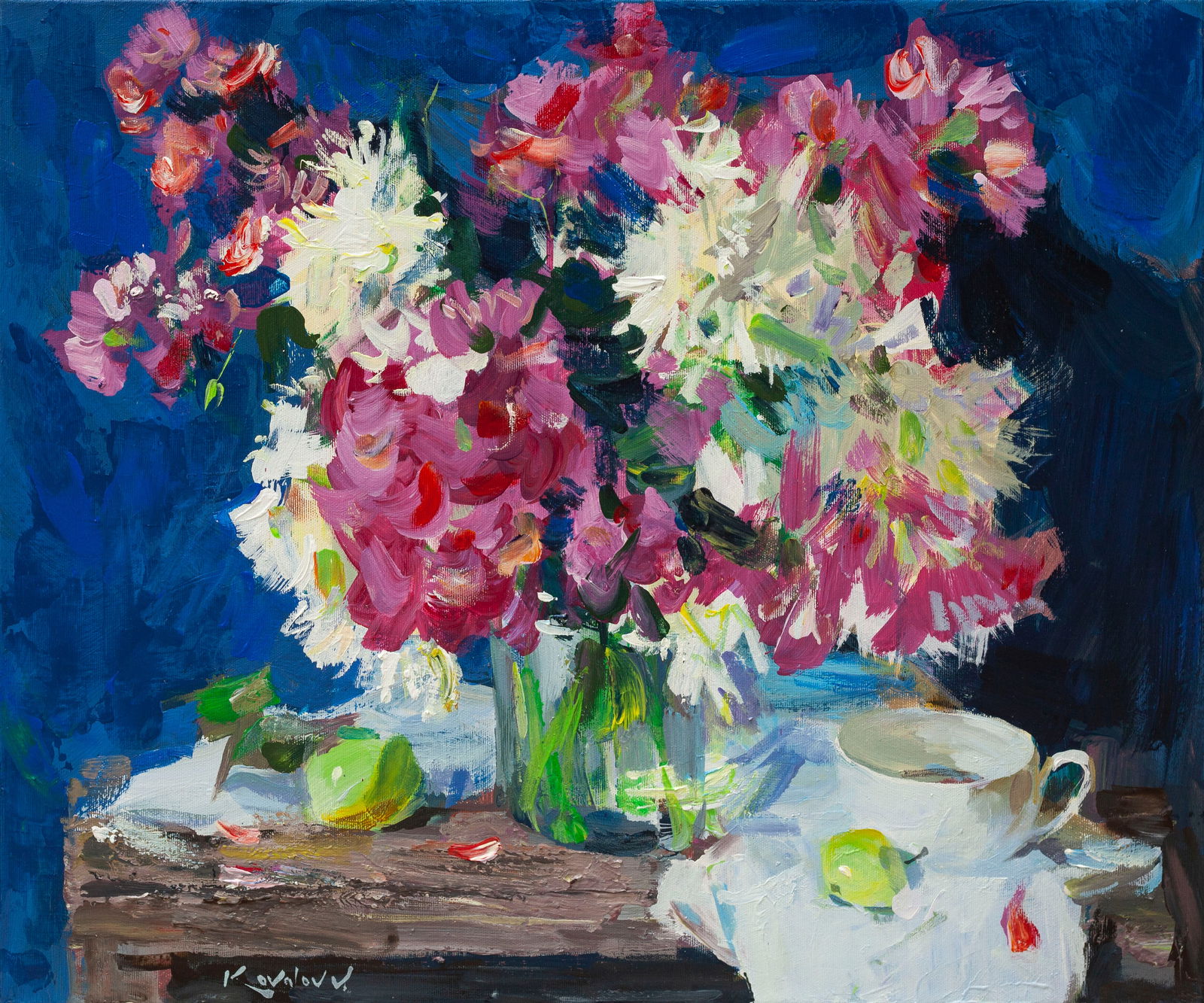 Oil painting Flowers on blue Ukrainian Artist: Title: Oil painting Flowers on blue Ukrainian Artist Description: 28KV Painter: Kovaliov V. Size: 50x60 cm/19.7x23.6 inches Components: oil, canvas Original painting from our collection ERA: 2020 Shor