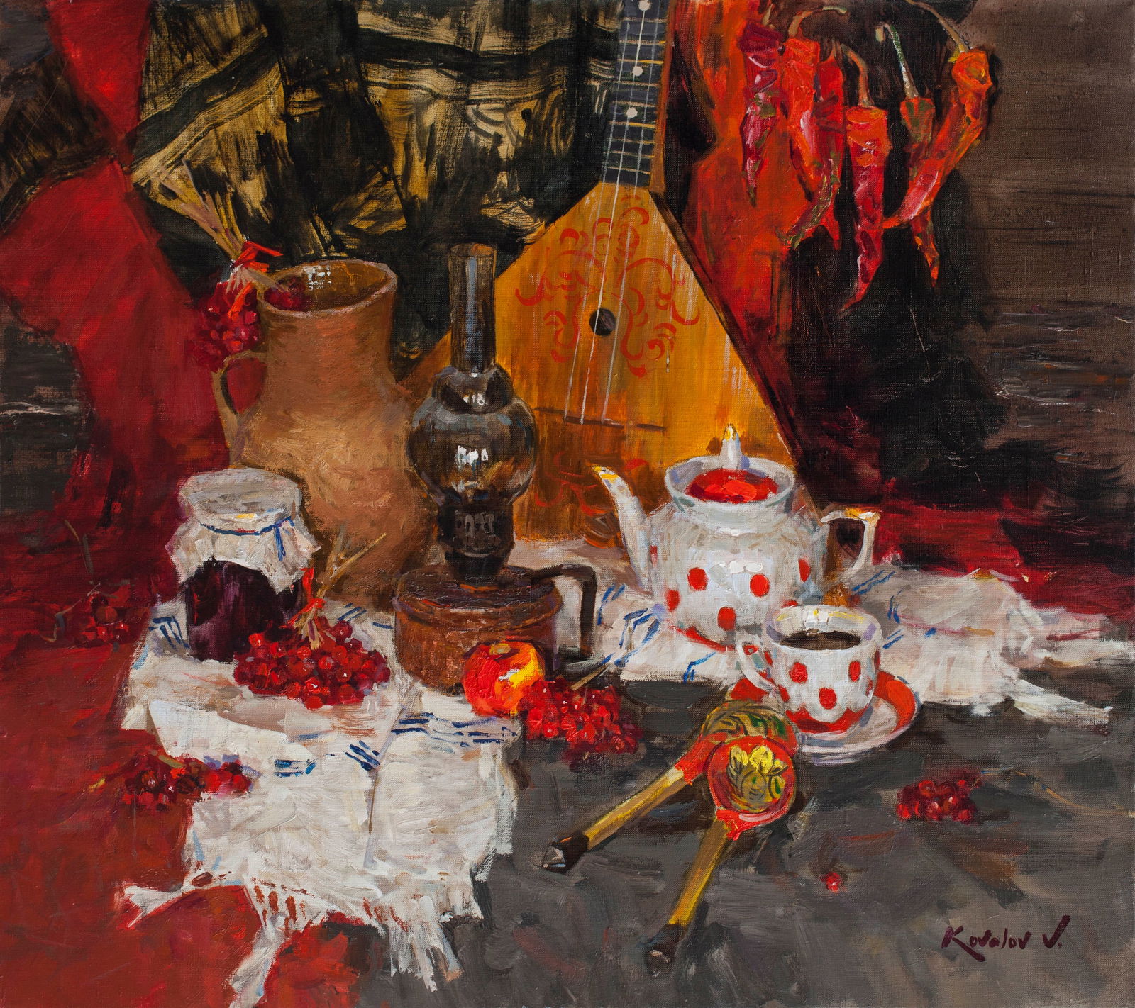 Oil painting Still life with balalaika Ukrainian Artist: Title: Oil painting Still life with balalaika Ukrainian Artist Description: 57KV Painter: Kovaliov V. Size: 80x90 cm/31.5x35.4 inches Components: oil, canvas Original painting from our collection ERA: