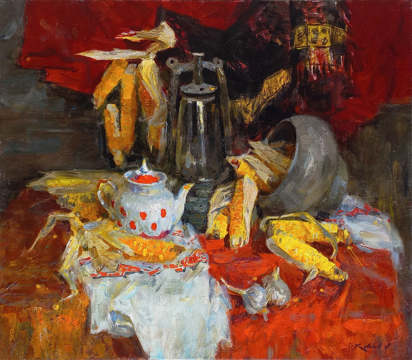 Oil painting Still life with corn Ukrainian Artist: Title: Oil painting Still life with corn Ukrainian Artist Description: 58KV Painter: Kovaliov V. Size: 70x80 cm/27.6x31.5 inches Components: oil, canvas Original painting from our collection ERA: 2016