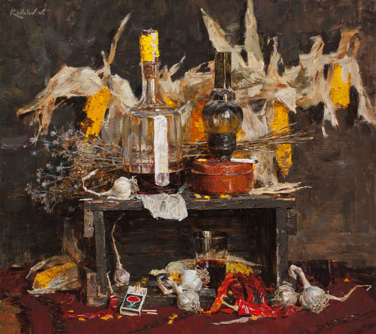 Oil painting Still life with red wine Ukrainian Artist: Title: Oil painting Still life with red wine Ukrainian Artist Description: 61KV Painter: Kovaliov V. Size: 80x90 cm/31.5x35.4 inches Components: oil, canvas Original painting from our collection ERA:
