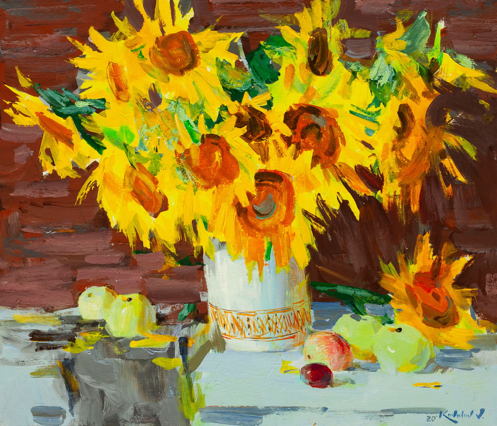 Oil painting Sunflower Ukrainian Artist: Title: Oil painting Sunflower Ukrainian Artist Description: 67KV Painter: Kovaliov V. Size: 60x70 cm/23.6x27.6 inches Components: acrylic, canvas Original painting from our collection ERA: 2020 Short