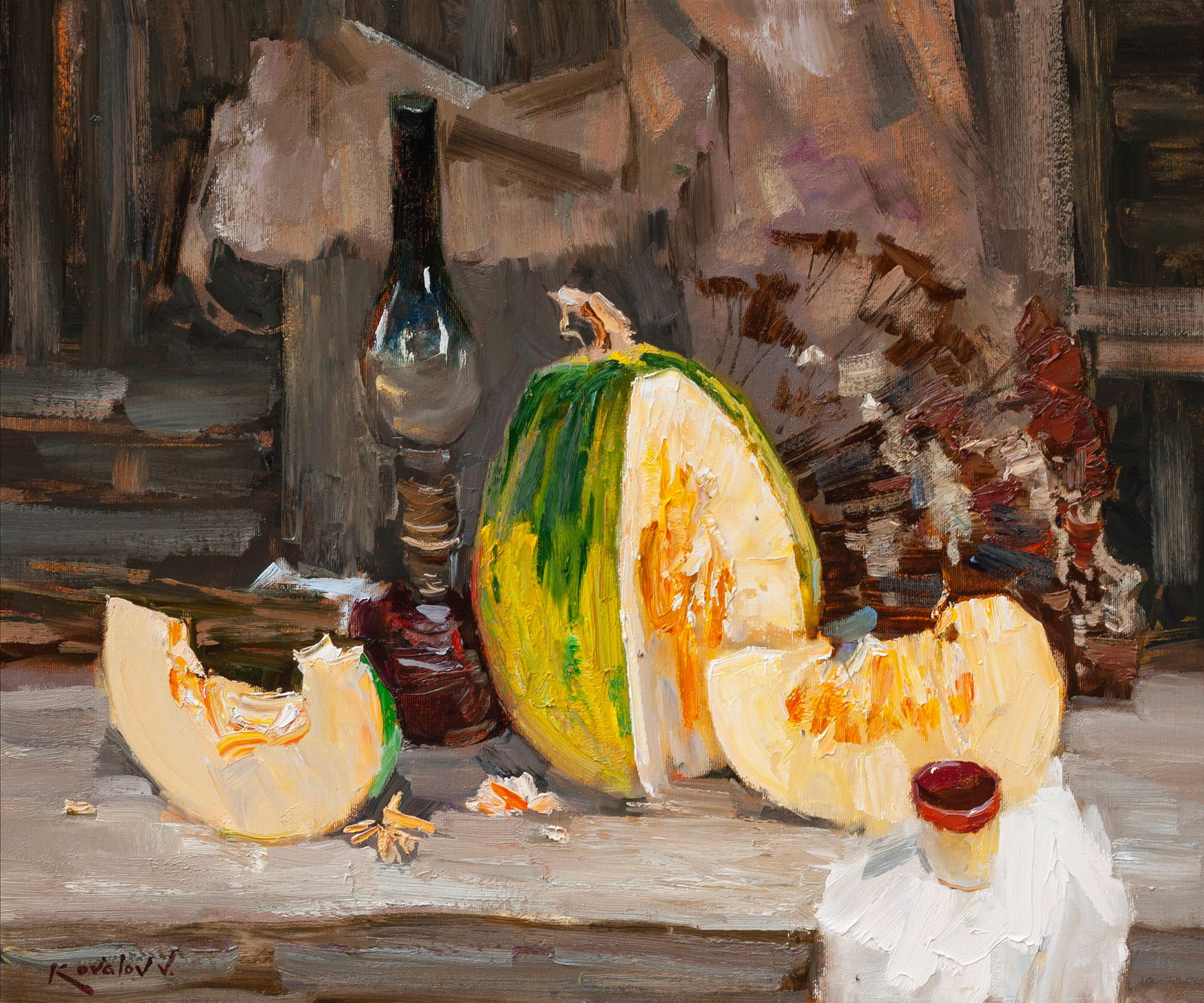 Oil painting still life with lamp and pumpkin Ukrainian Artist (1 of 1)