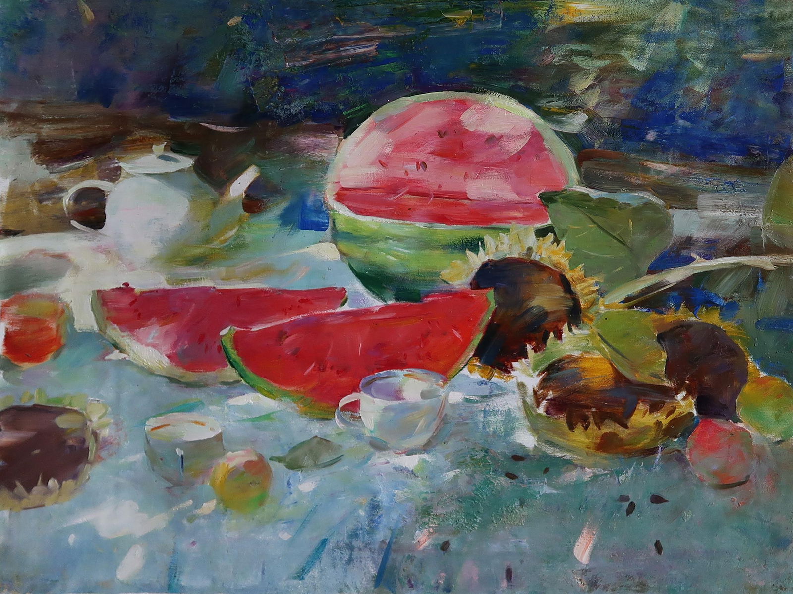 Oil painting Watermelons Serg Kovalenko: Title: Oil painting Watermelons Serg Kovalenko Description: 34SK Painter: Serg Kovalenko Size: 60x80 cm/23.6x31.5 inches Components: oil, canvas Original painting CONDITION: excellent ERA: modern Grad